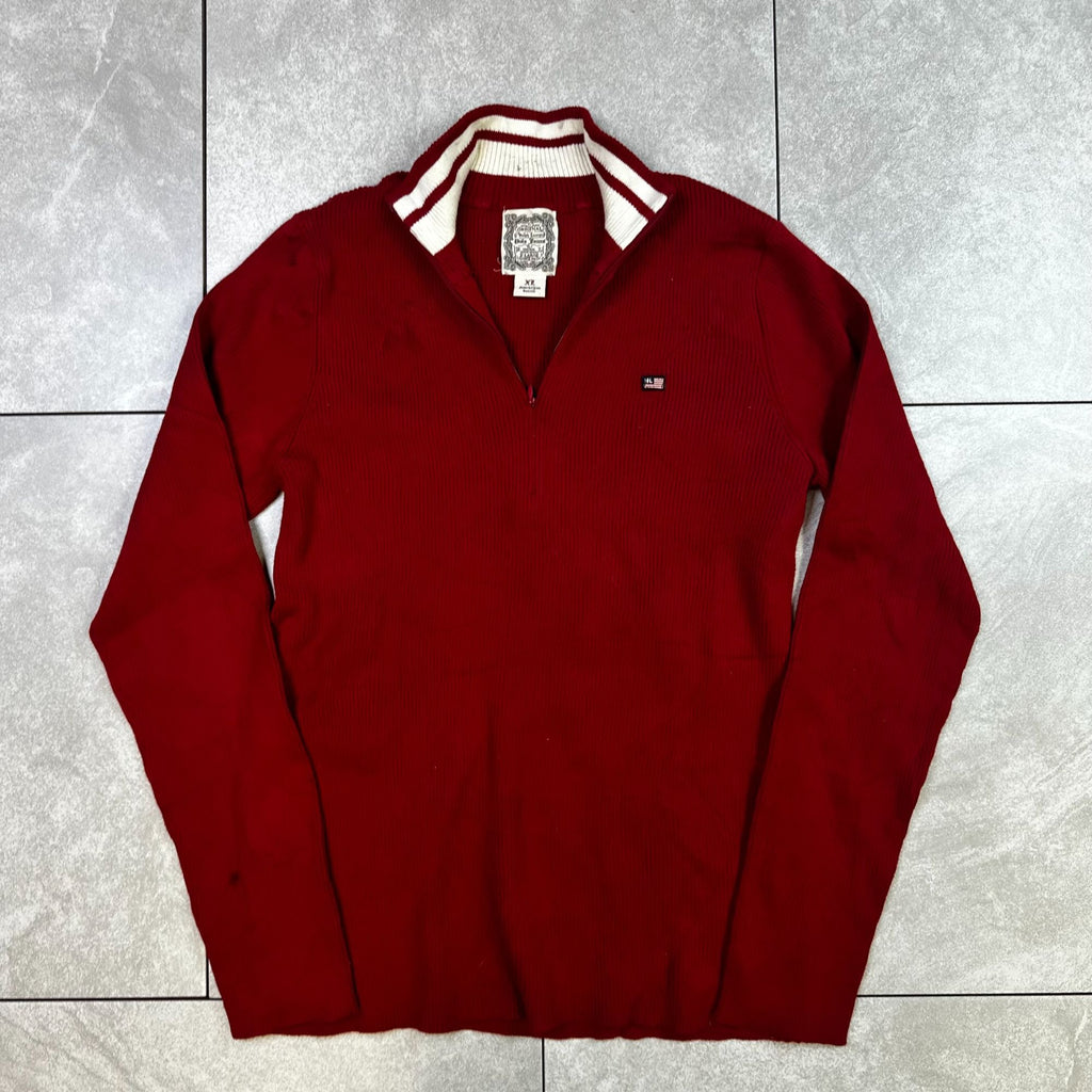 Ralph Lauren Polo Jeans Red Half-Zip Sweater XL Ribbed Knit Cotton Casual Mens Pullover