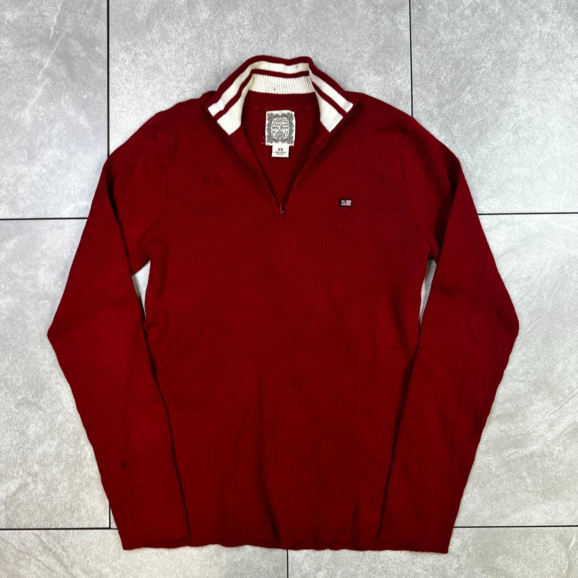 Ralph Lauren Polo Jeans Red Half-Zip Sweater XL Ribbed Knit Cotton Casual Mens Pullover
