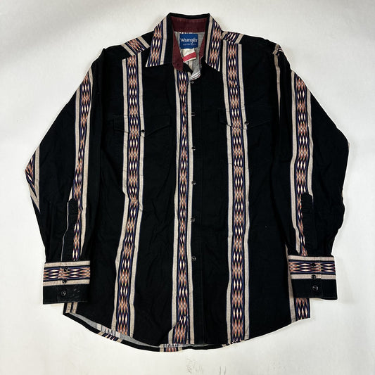 Vintage Wrangler Western Long Sleeve Shirt L Black With Geometric Stripes & Snap Buttons