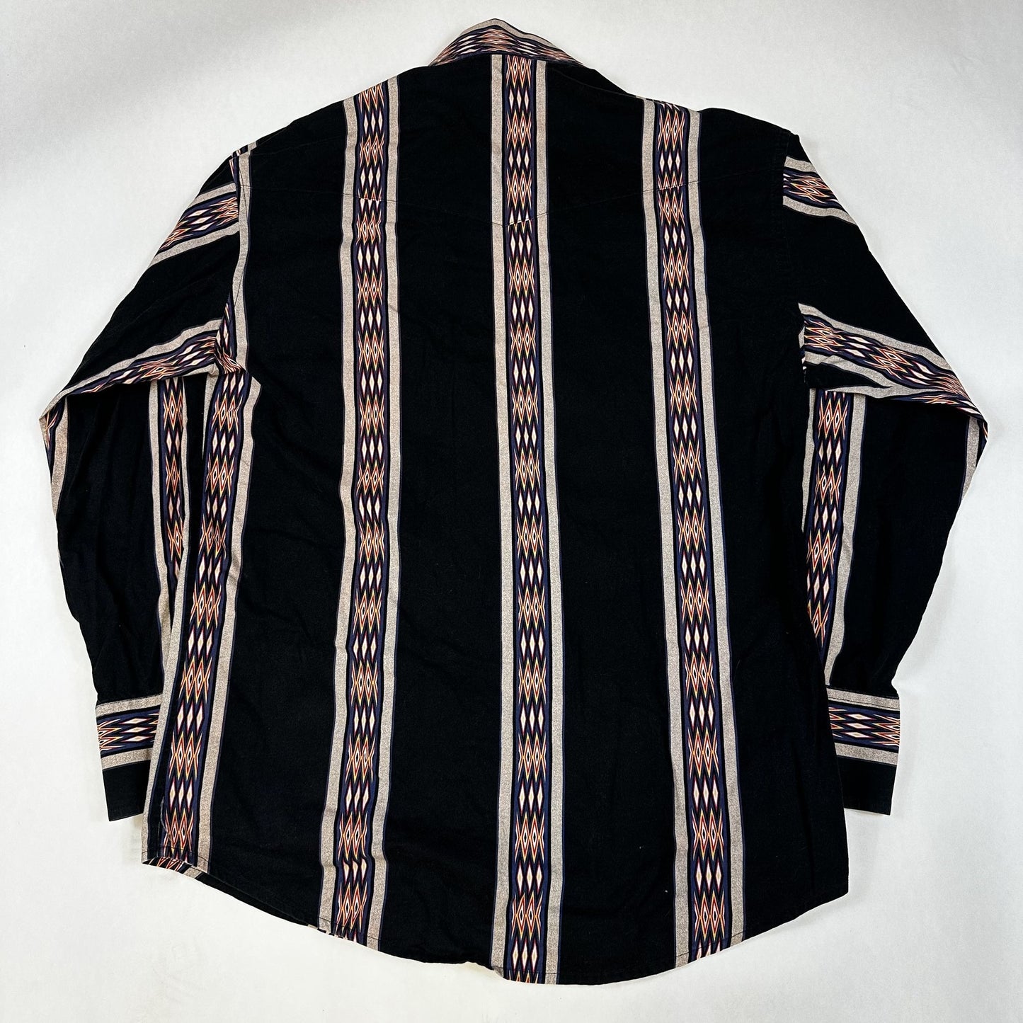 Vintage Wrangler Western Long Sleeve Shirt L Black With Geometric Stripes & Snap Buttons