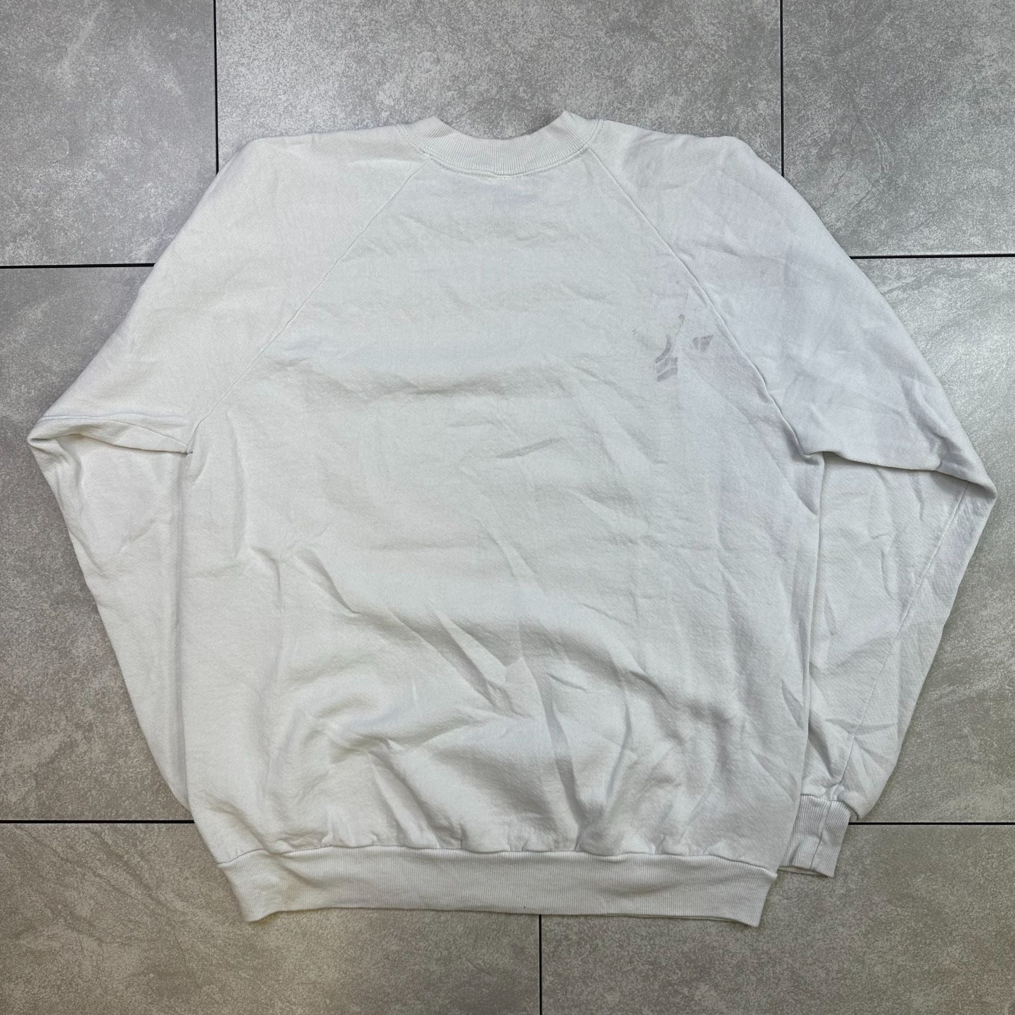 Vintage 90s Jerzees White Sweatshirt With Cats & Fishbowl Graphic Size L