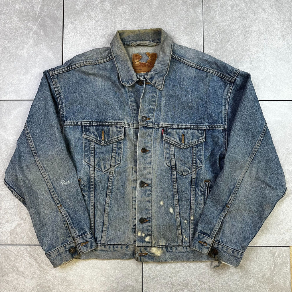 Vintage Levis Denim Jacket Large Distressed Button-Front Blue Jean Outerwear