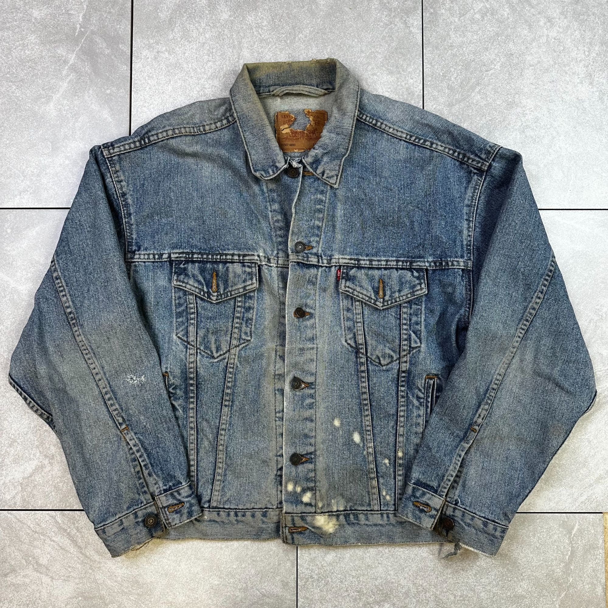 Vintage Levis Denim Jacket Large Distressed Button-Front Blue Jean Outerwear