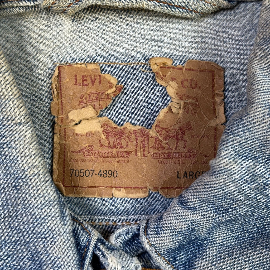 Vintage Levis Denim Jacket Large Distressed Button-Front Blue Jean Outerwear