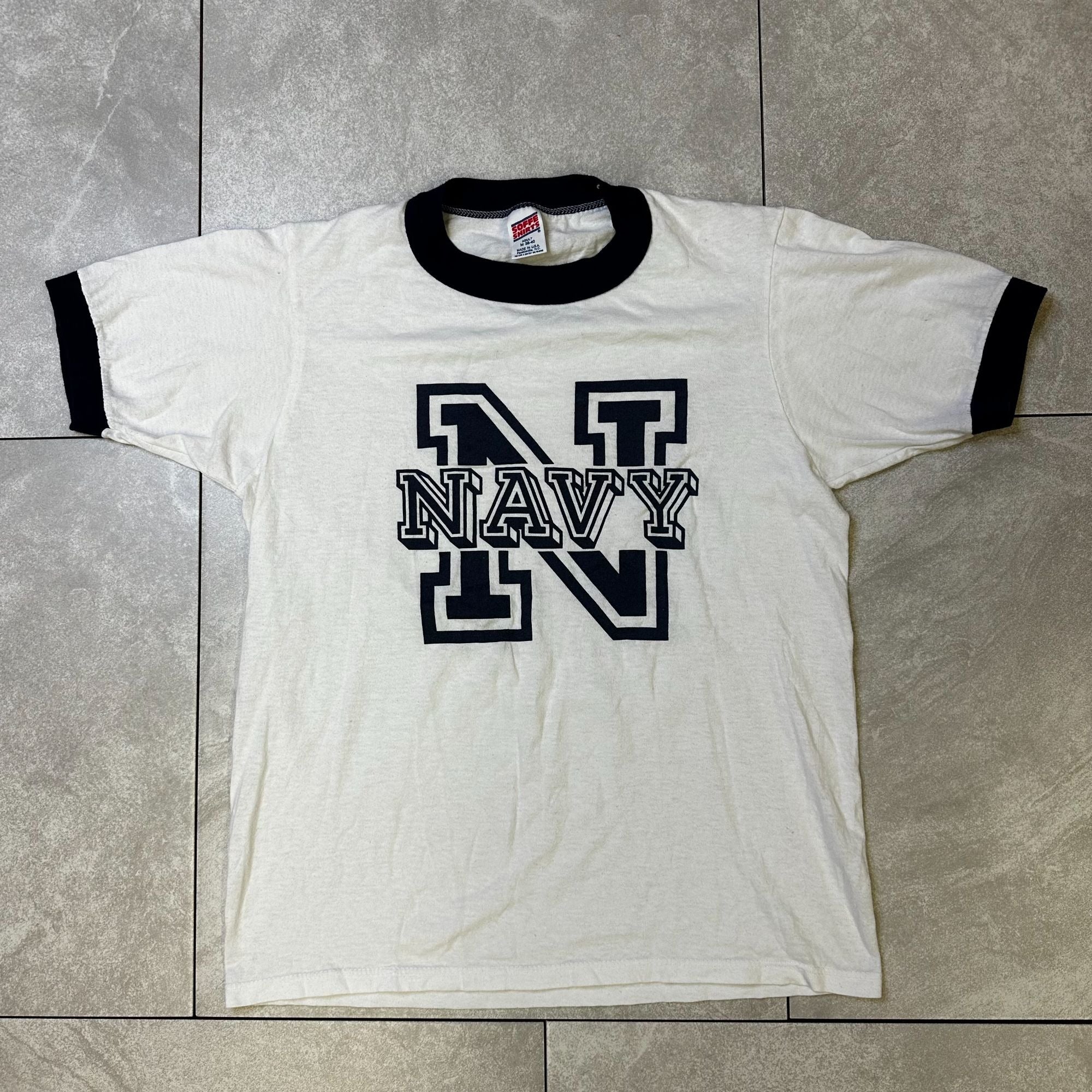 Vintage Soffe Shirts Navy Ringer T-Shirt M 38-40 USA Made Cotton Blend Adult