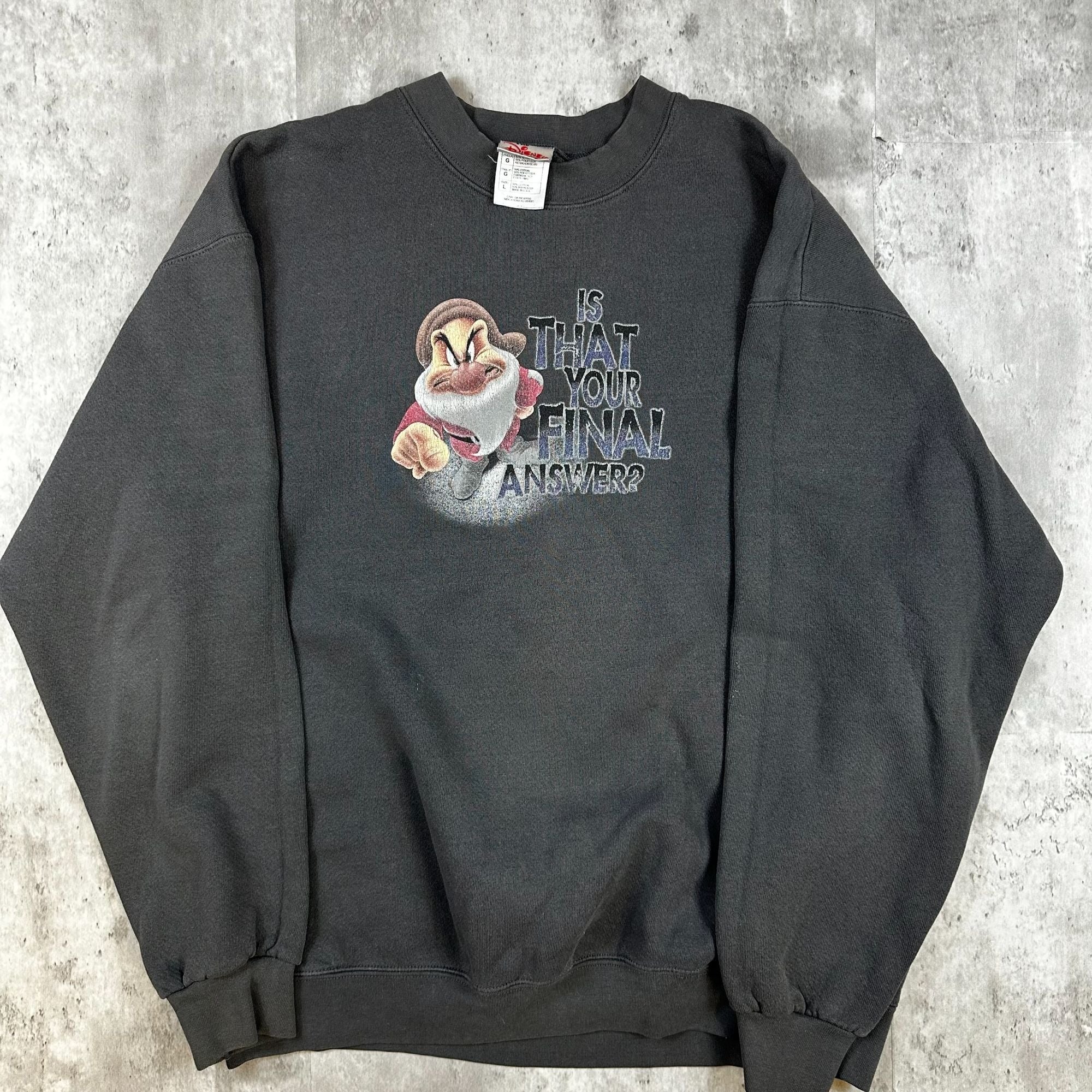 Disney Store Grumpy Sweatshirt "Is That Your Final Answer?" Graphic Design Large