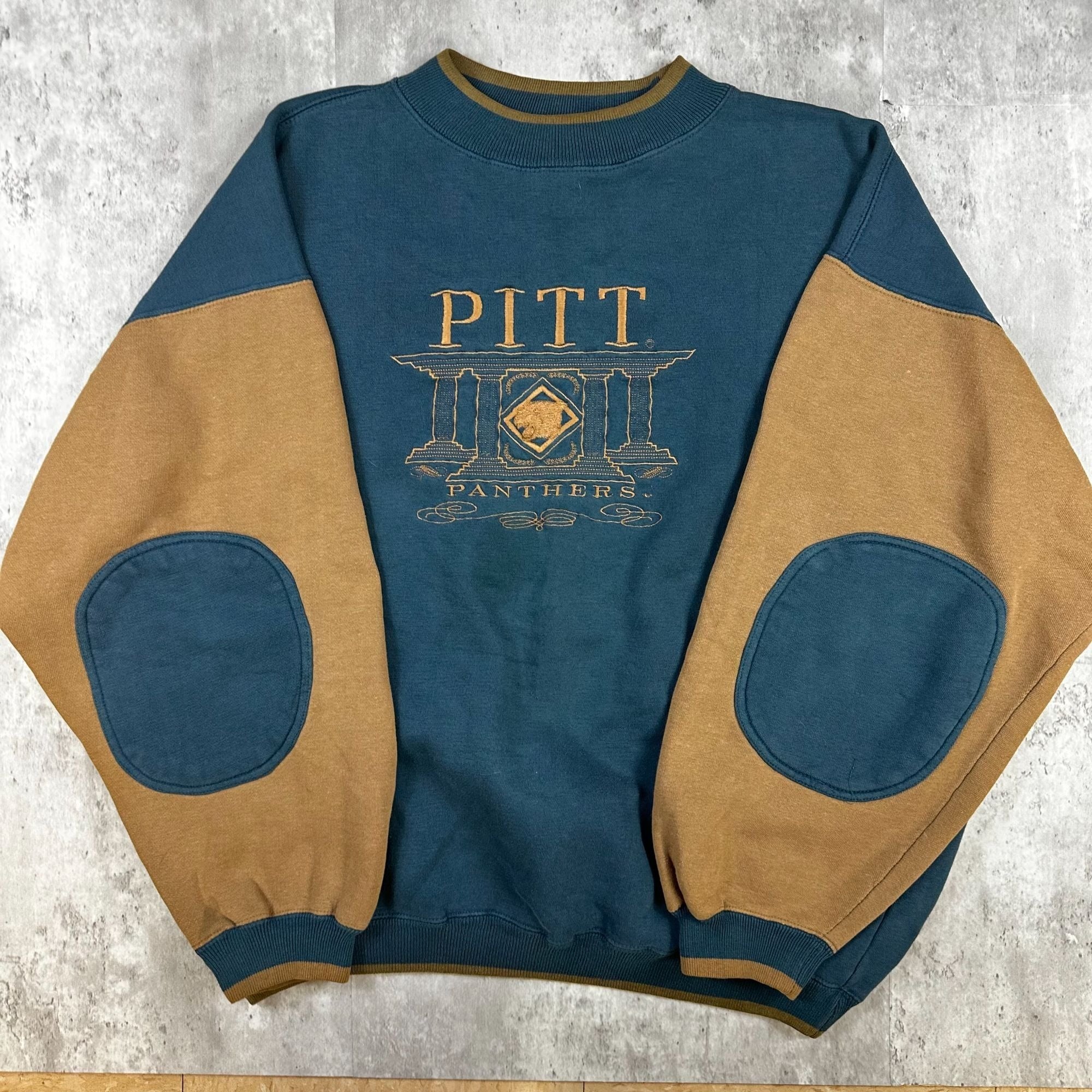 Vintage Pitt Panthers Sweatshirt XL By Midwest Embroidery Two-Tone Blue & Tan With Elbow Patches Cotton Blend