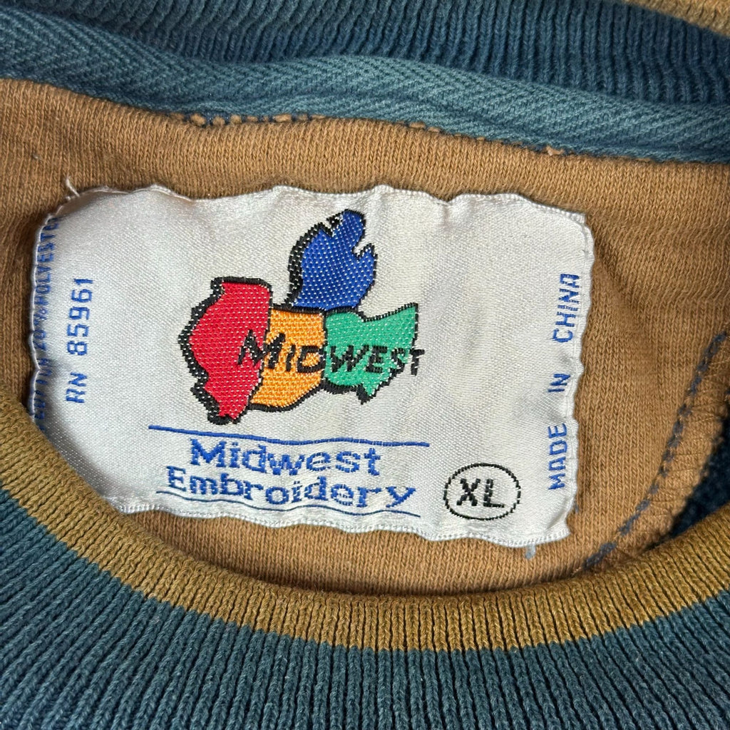 Vintage Pitt Panthers Sweatshirt XL By Midwest Embroidery Two-Tone Blue & Tan With Elbow Patches Cotton Blend