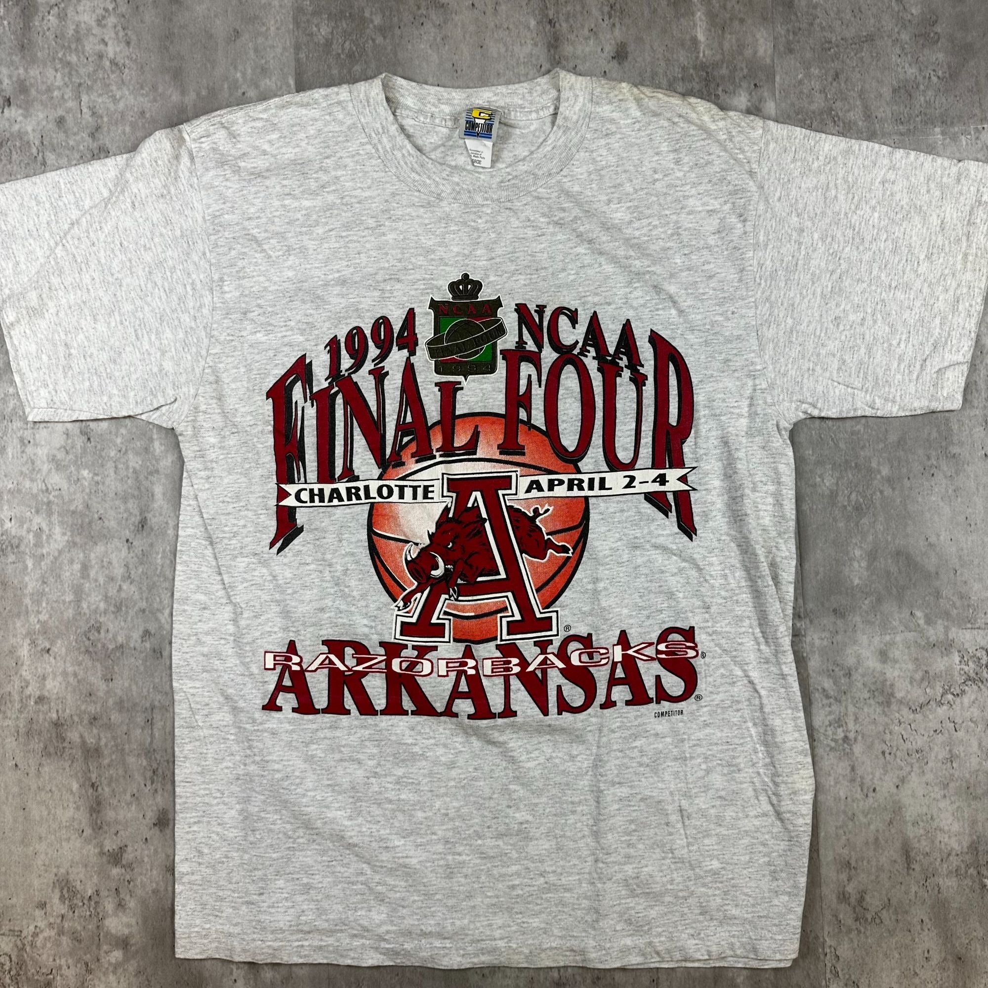 1994 NCAA Final Four Arkansas Razorbacks T-Shirt Gray Competitor Large Cotton USA-Made Vintage