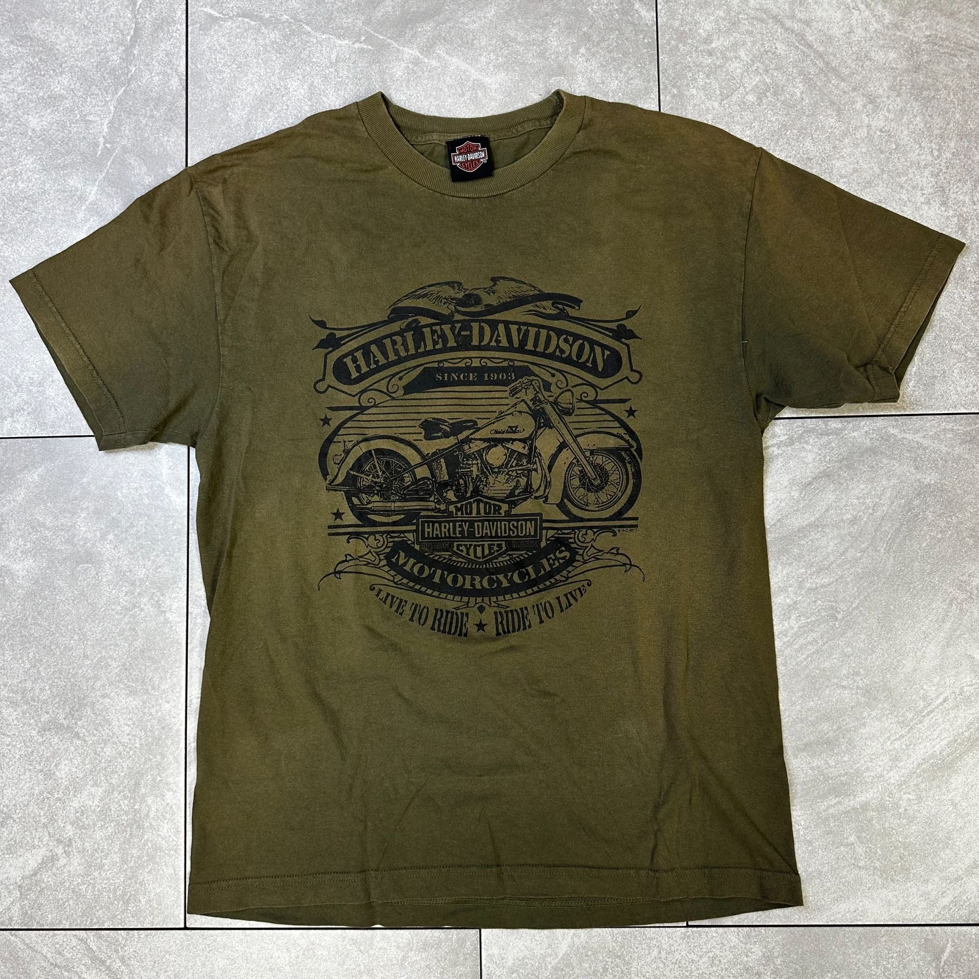 Harley-Davidson Olive Green Graphic T-Shirt Short Sleeve Crew Neck Motorcycle Design Mens L