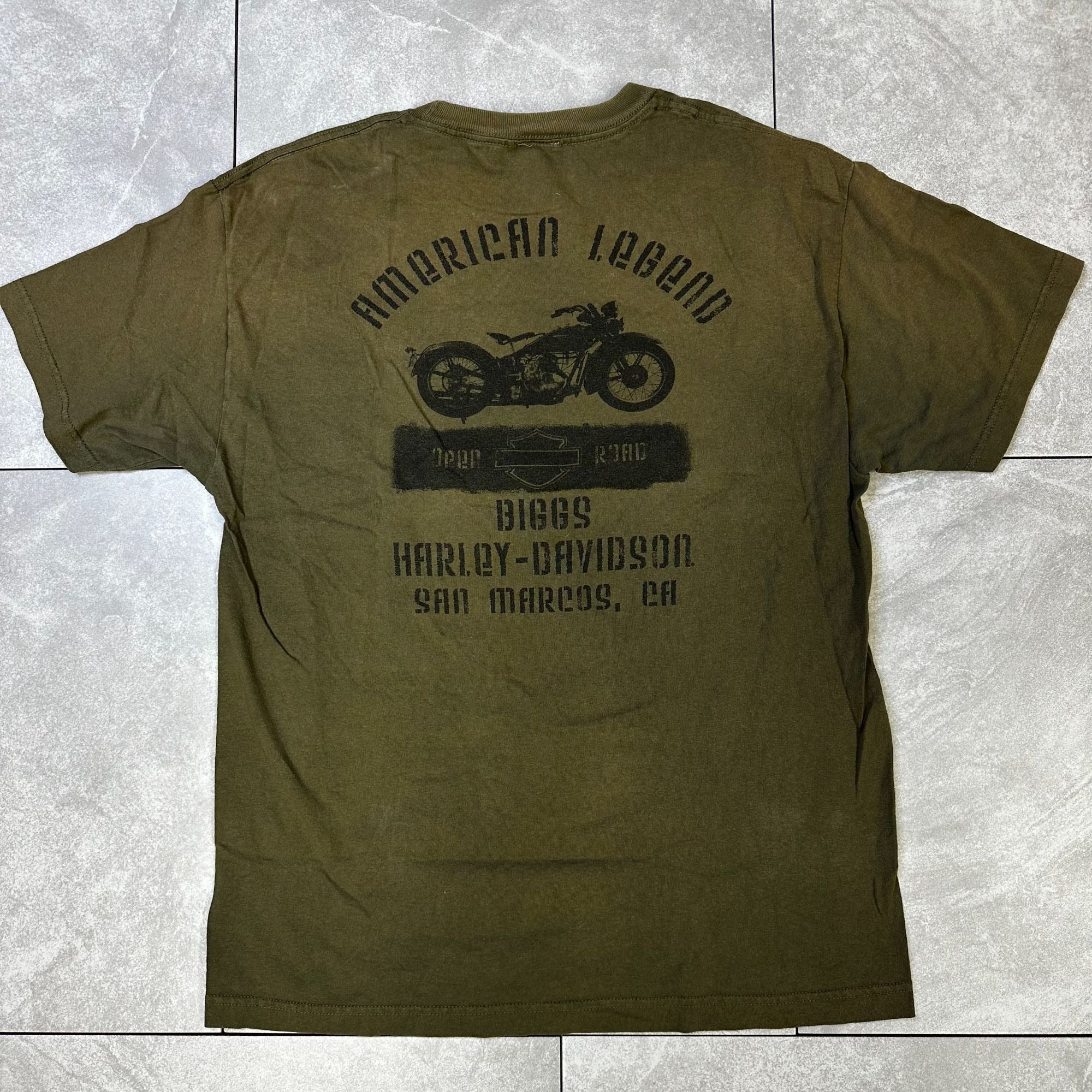 Harley-Davidson Olive Green Graphic T-Shirt Short Sleeve Crew Neck Motorcycle Design Mens L