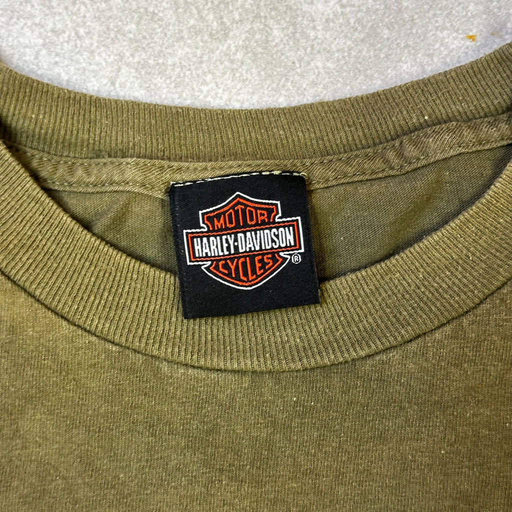 Harley-Davidson Olive Green Graphic T-Shirt Short Sleeve Crew Neck Motorcycle Design Mens L