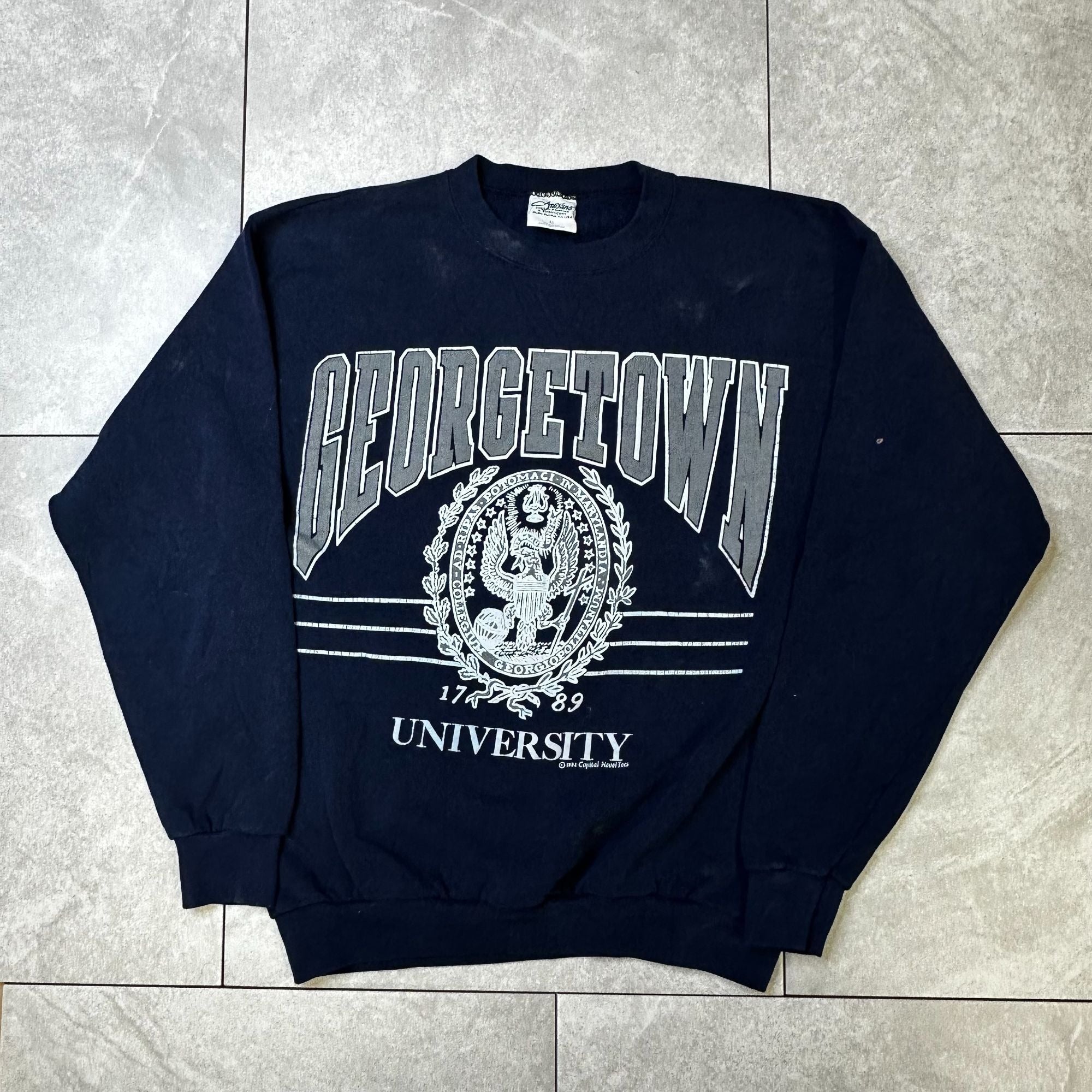 Georgetown University Navy Blue Crewneck Sweatshirt M Artisans Screen Printing Cotton Blend 1989 Logo