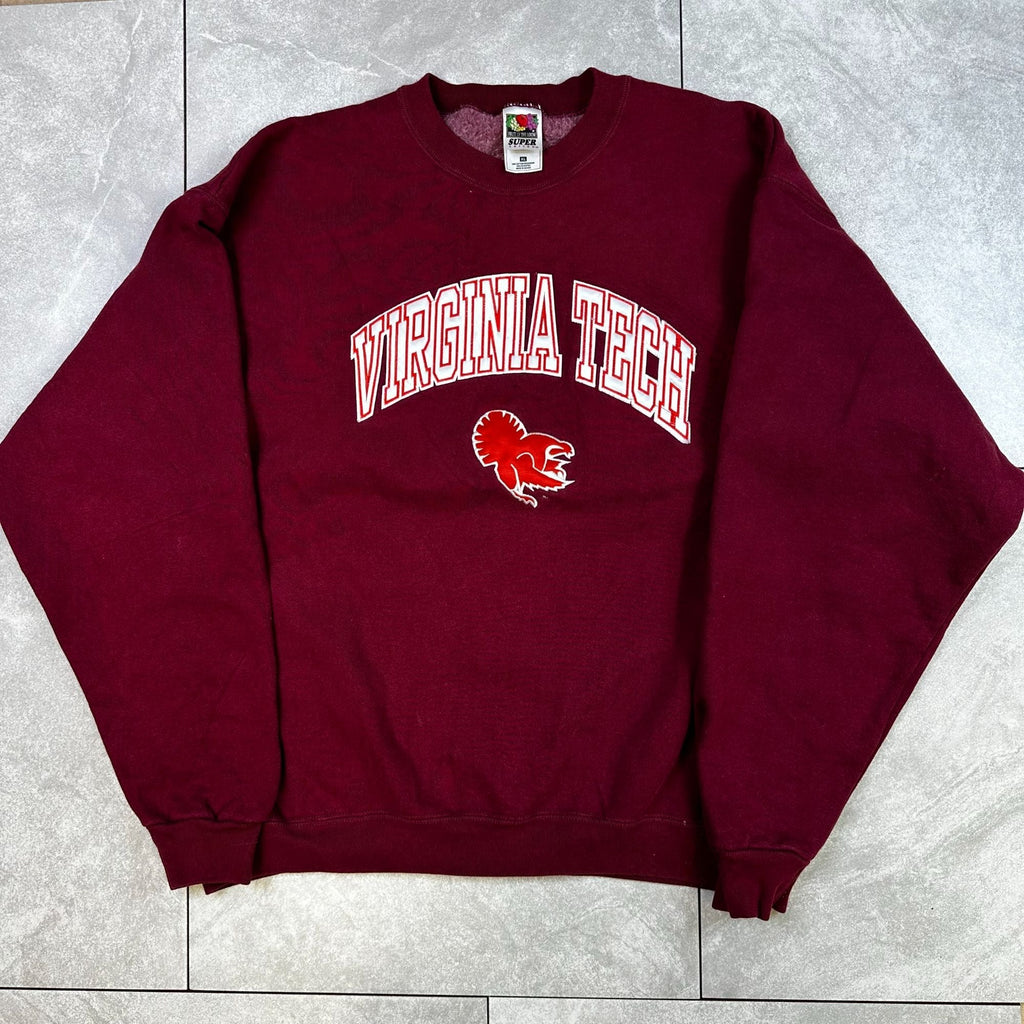 Virginia Tech Sweatshirt XL Fruit Of The Loom Super Cotton Maroon Pullover Crewneck 90% Cotton 10% Polyester