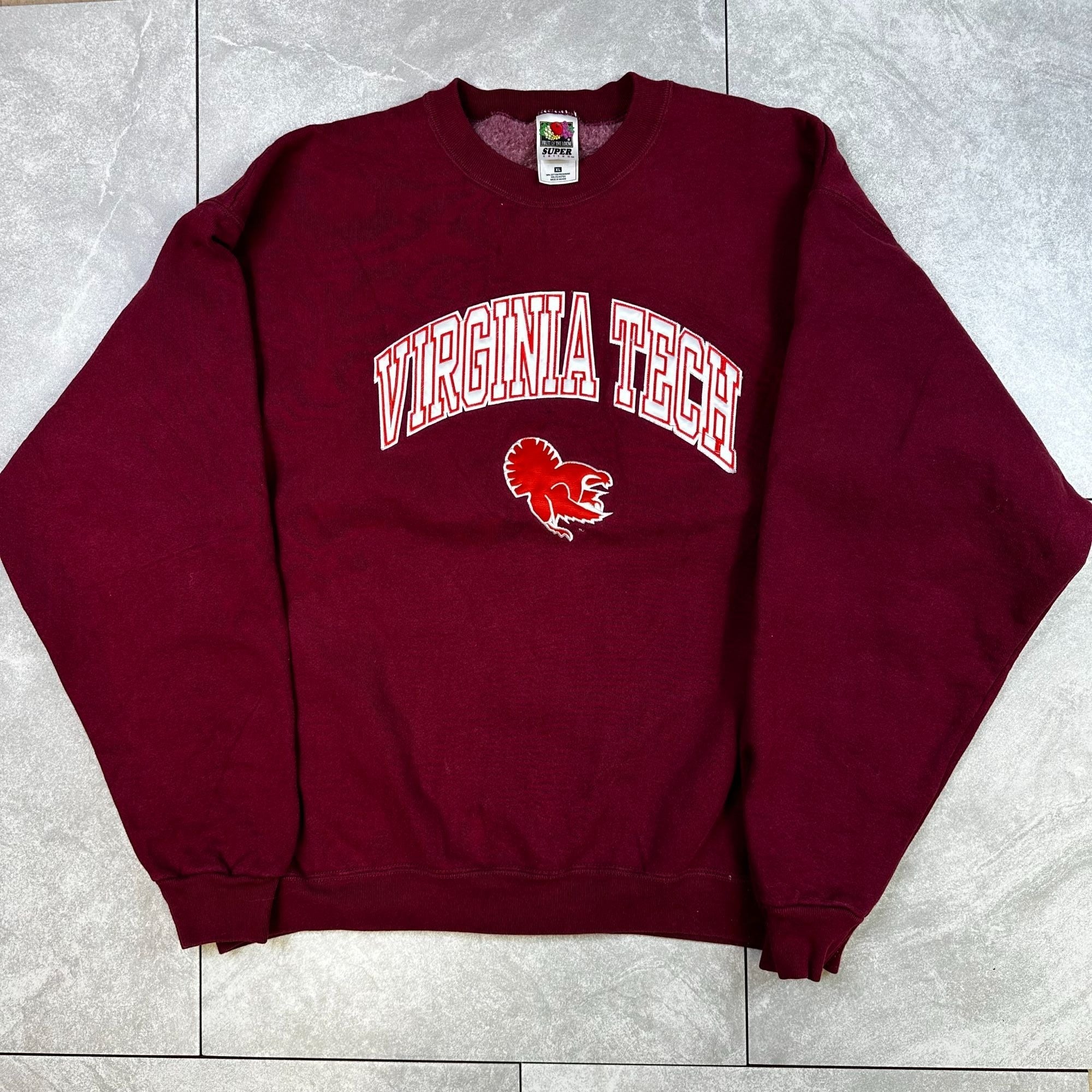 Virginia Tech Sweatshirt XL Fruit Of The Loom Super Cotton Maroon Pullover Crewneck 90% Cotton 10% Polyester