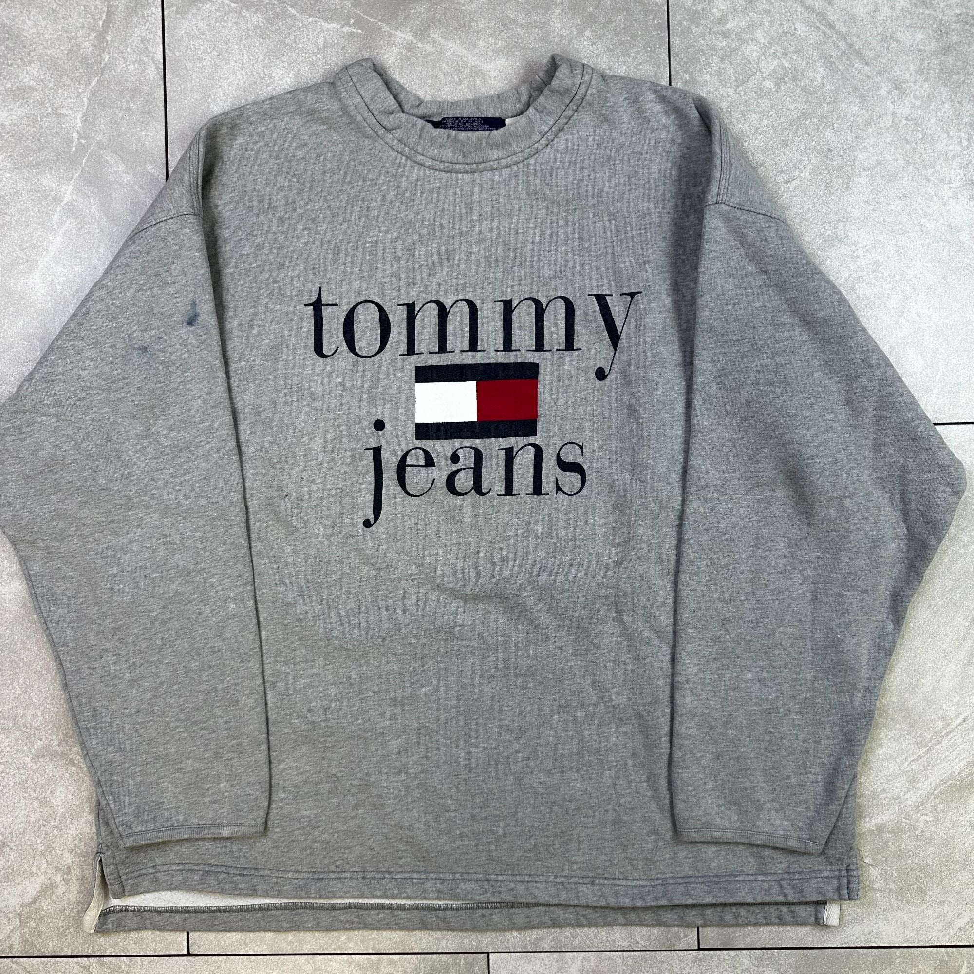 Tommy Jeans Gray Crewneck Sweatshirt L Logo Cotton Blend