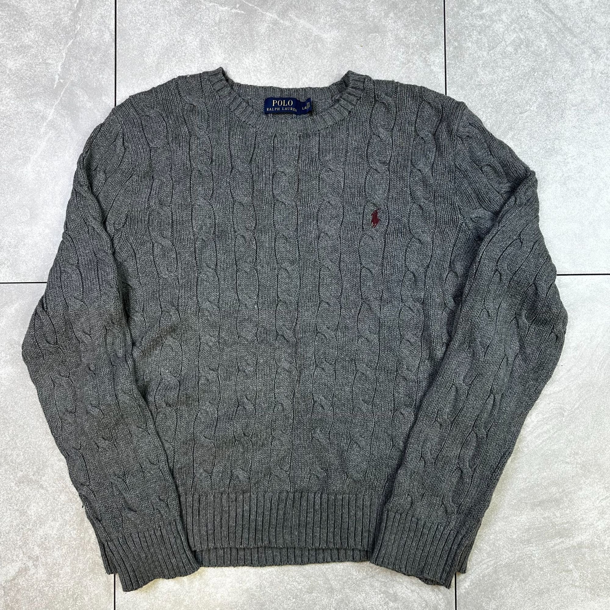 Polo Ralph Lauren Gray Cable Knit Sweater L/G Wool Blend Ribbed Crewneck Mens Classic Style