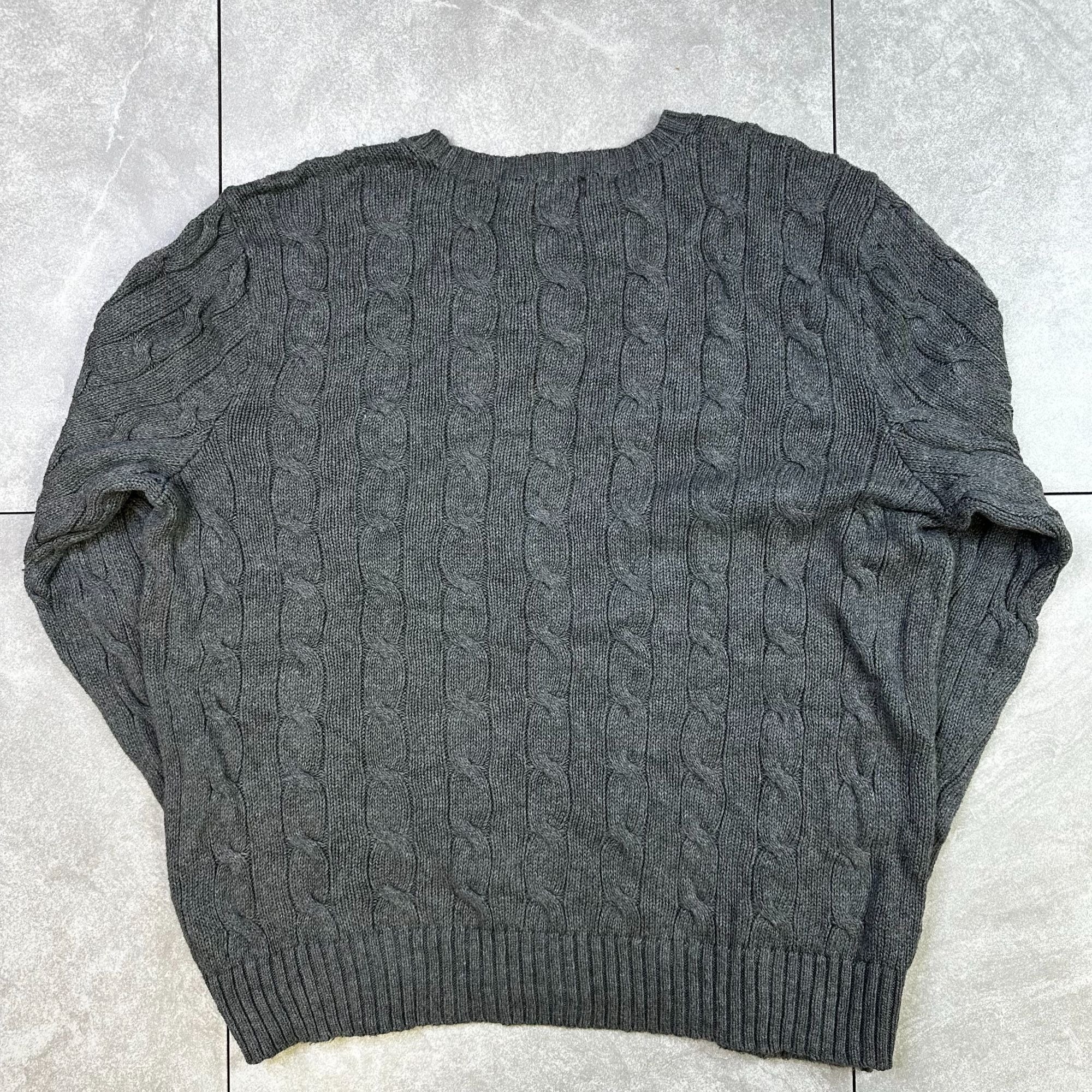 Polo Ralph Lauren Gray Cable Knit Sweater L/G Wool Blend Ribbed Crewneck Mens Classic Style
