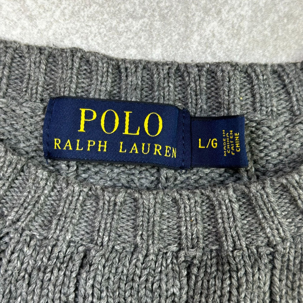 Polo Ralph Lauren Gray Cable Knit Sweater L/G Wool Blend Ribbed Crewneck Mens Classic Style