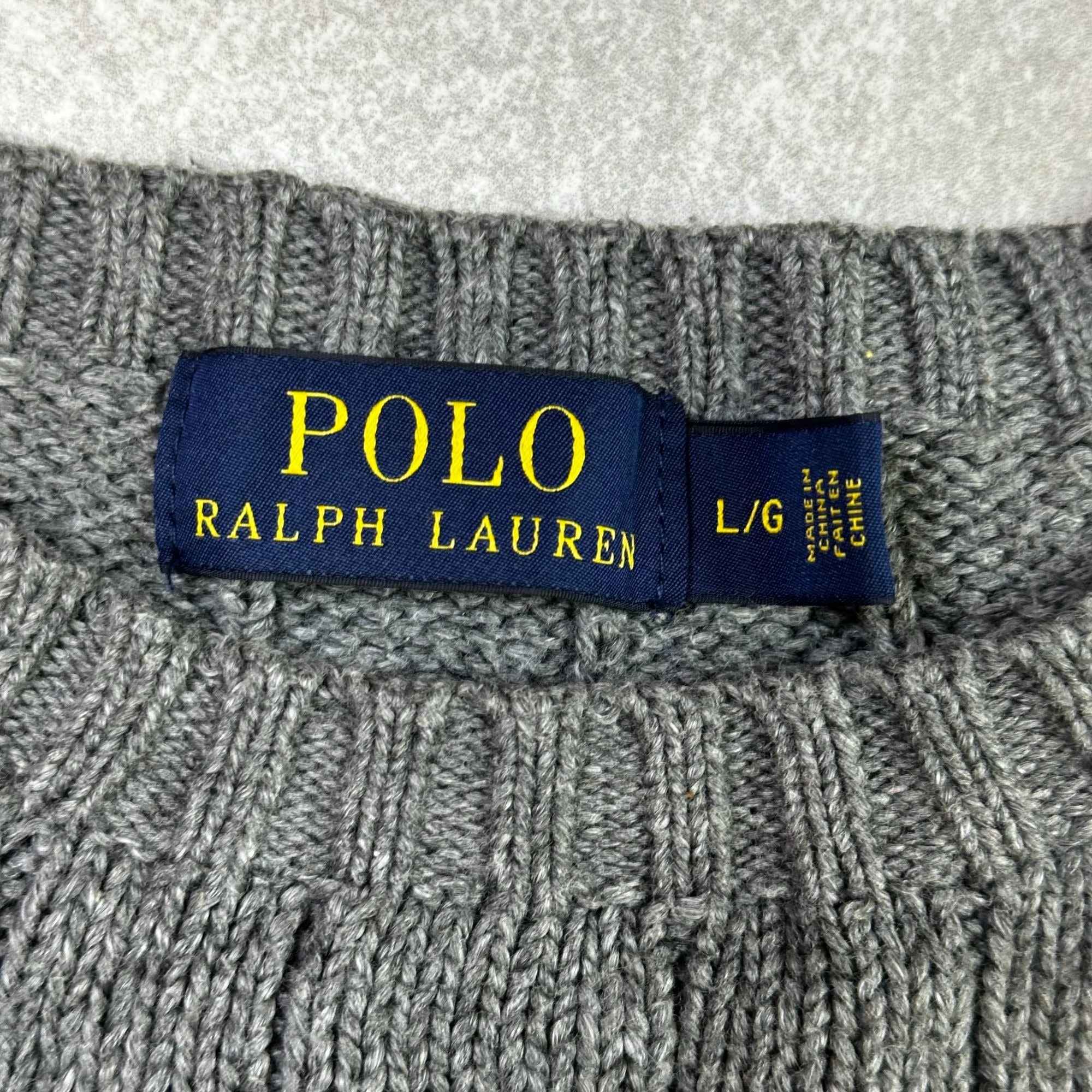 Polo Ralph Lauren Gray Cable Knit Sweater L/G Wool Blend Ribbed Crewneck Mens Classic Style