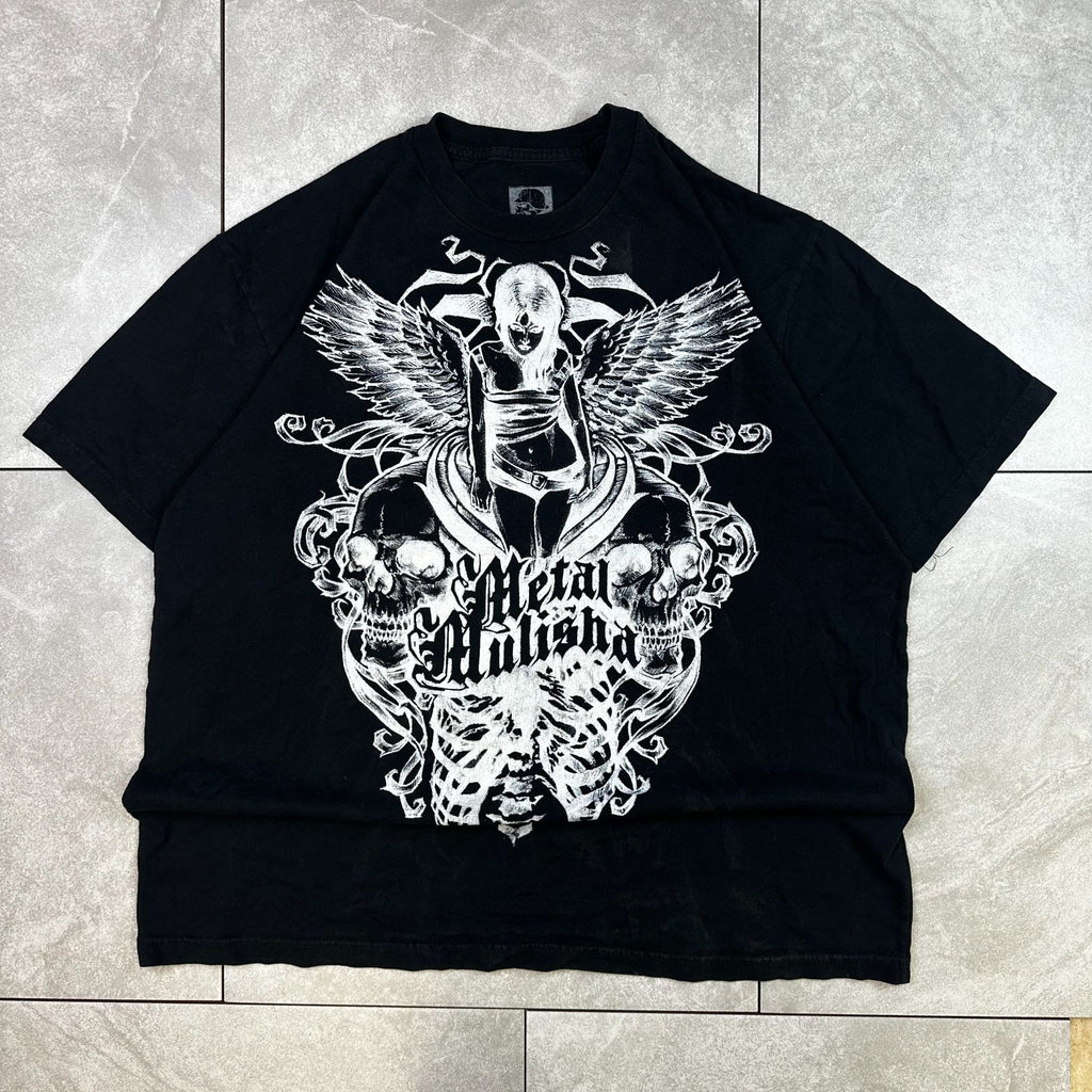 Metal Mulisha Black Graphic T-Shirt With Angel Wings & Skull Design Mens XL 100% Cotton