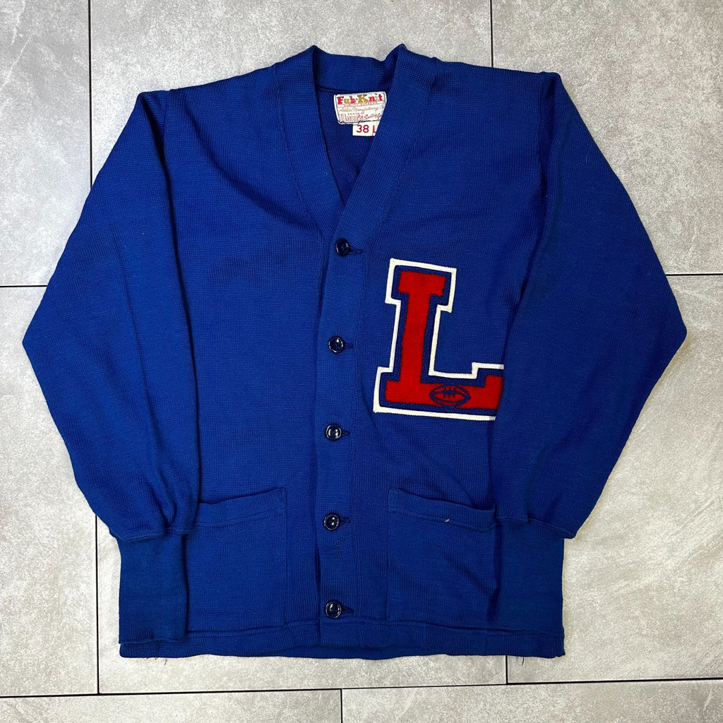 Vintage Fab-Knit "L" Letterman Sweater Blue Wool 38L Athletic Cardigan