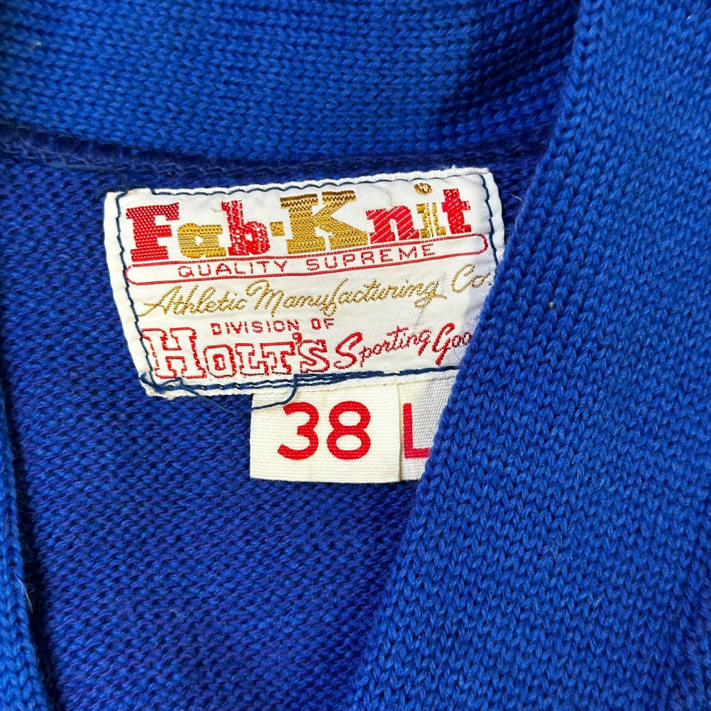 Vintage Fab-Knit "L" Letterman Sweater Blue Wool 38L Athletic Cardigan