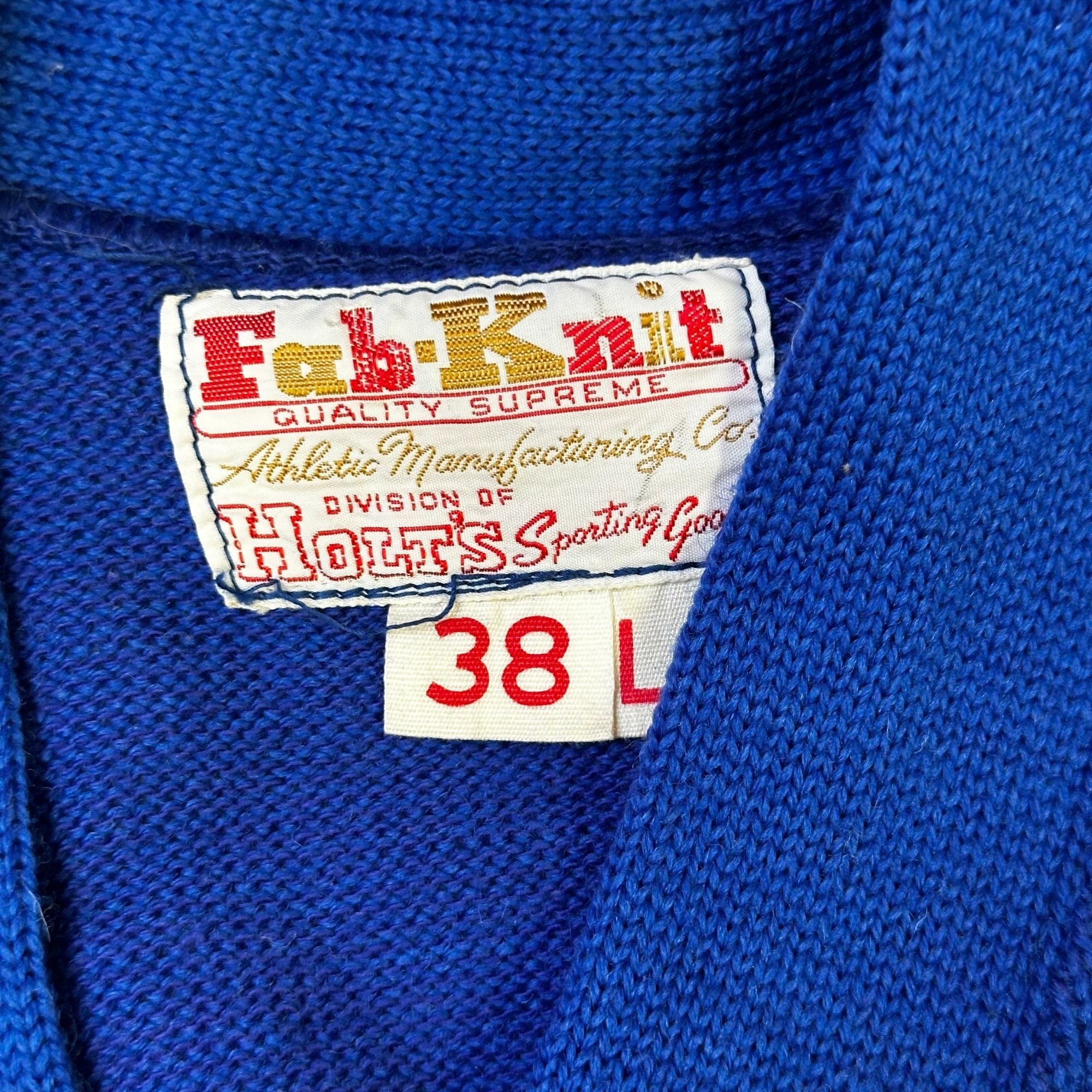 Vintage Fab-Knit "L" Letterman Sweater Blue Wool 38L Athletic Cardigan