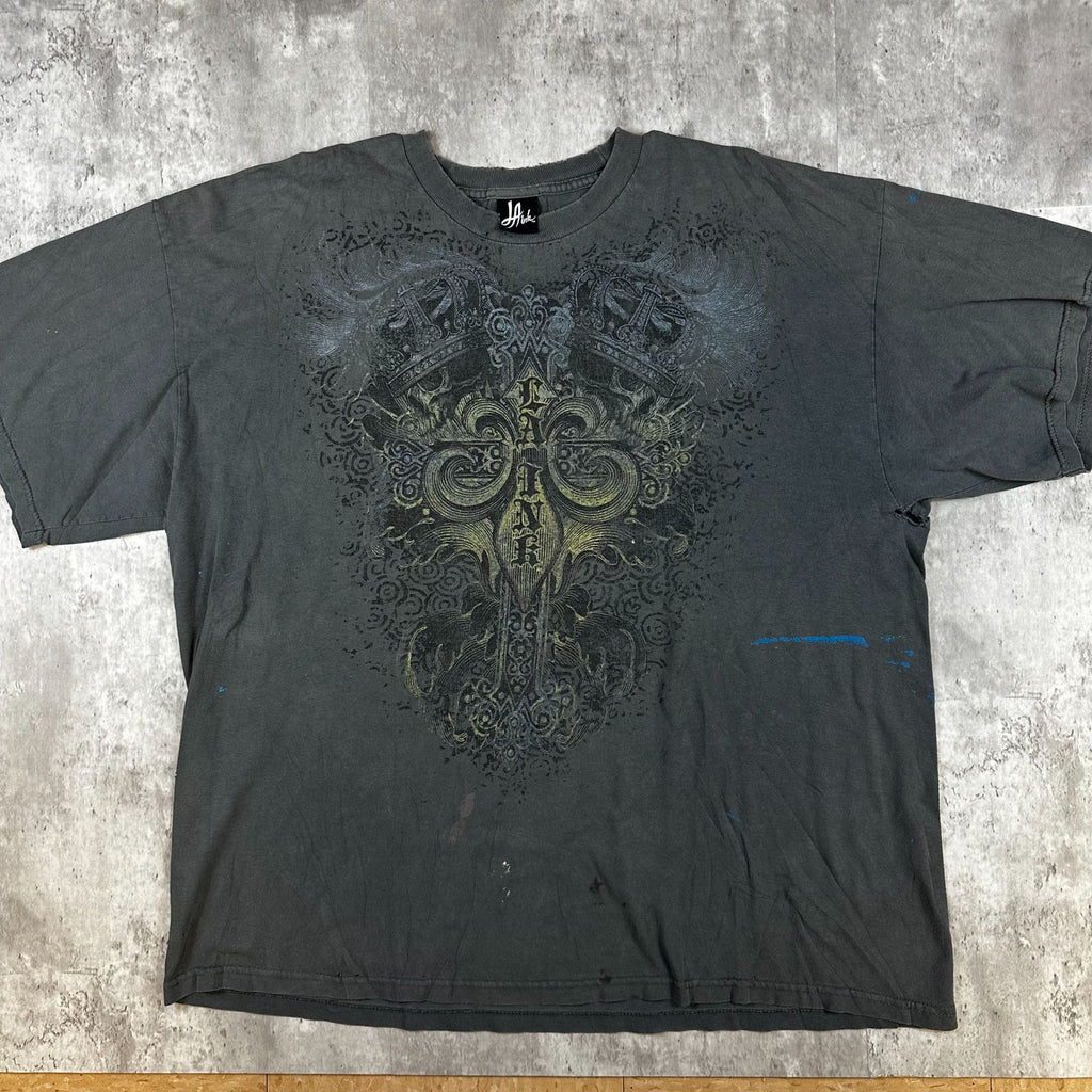 Ja Ink Gray Graphic T-Shirt With Crown & Scroll Design Mens XL Cotton