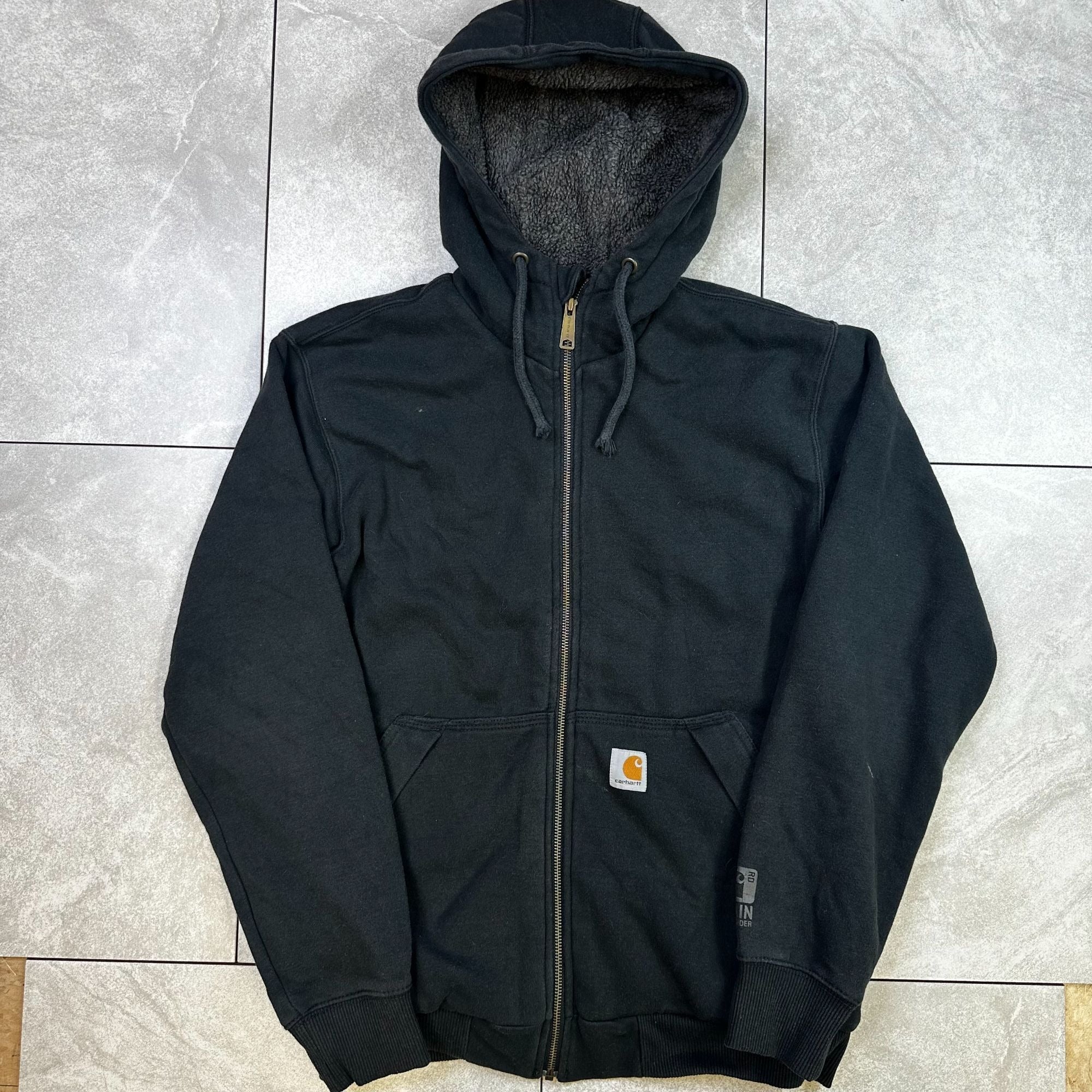 Carhartt Mens S Black Full-Zip Hoodie With Sherpa Lining Made In Mexico