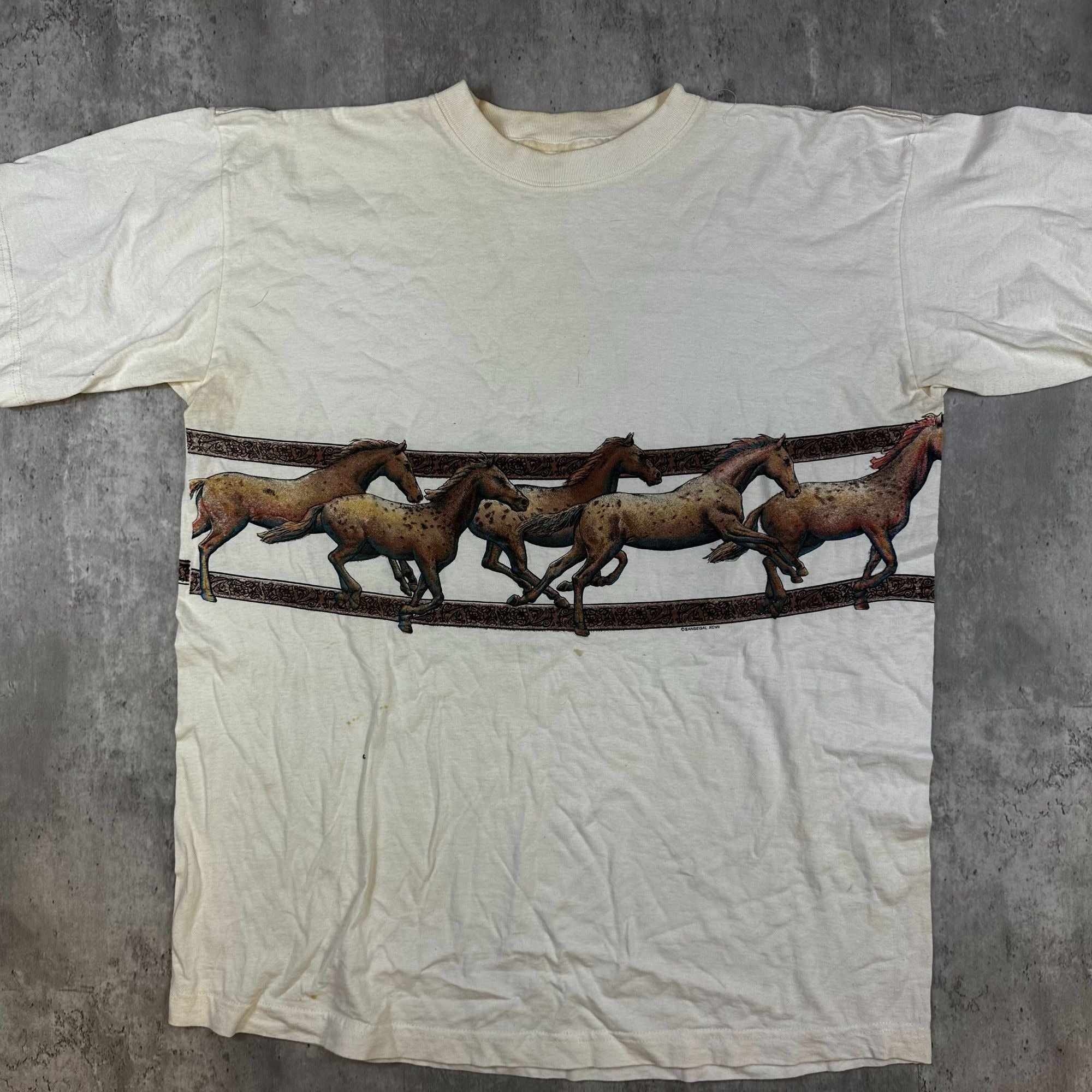 Vintage SanSegal Sportswear Horse Graphic T-Shirt XL 100% Cotton Ivory
