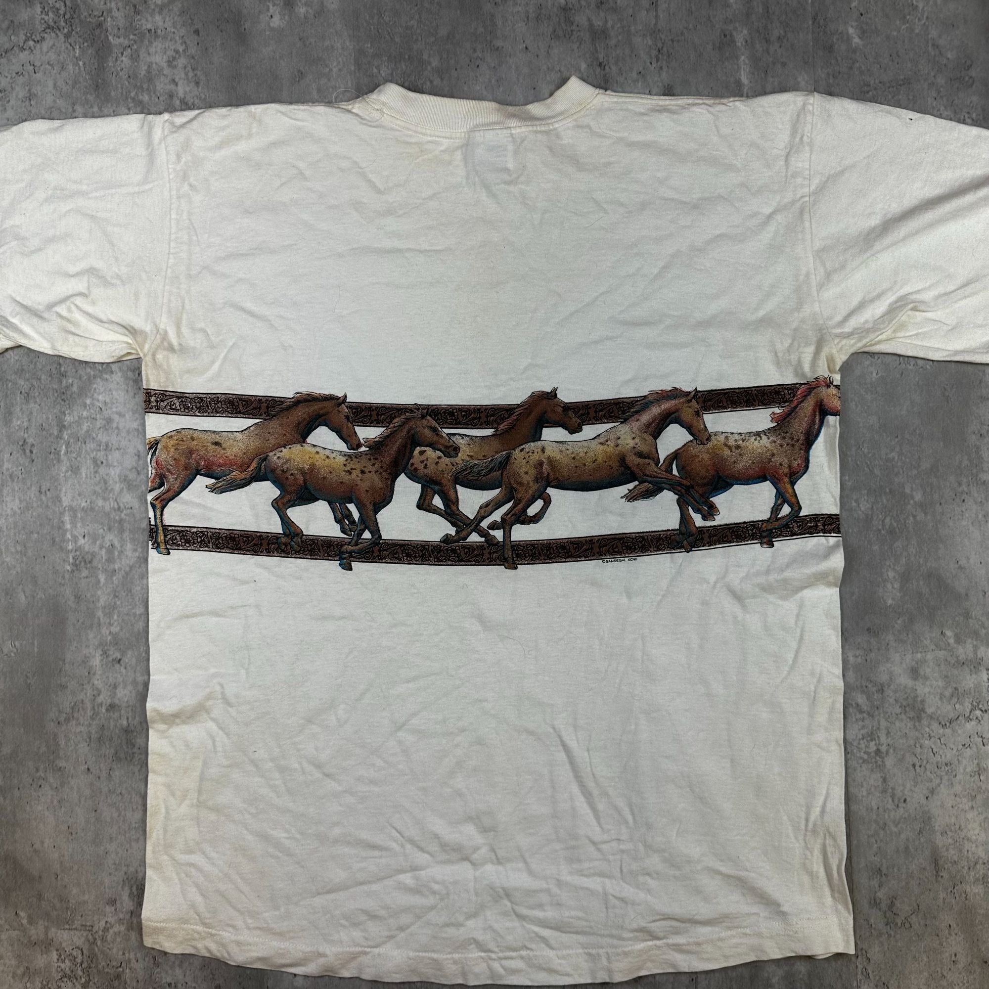 Vintage SanSegal Sportswear Horse Graphic T-Shirt XL 100% Cotton Ivory