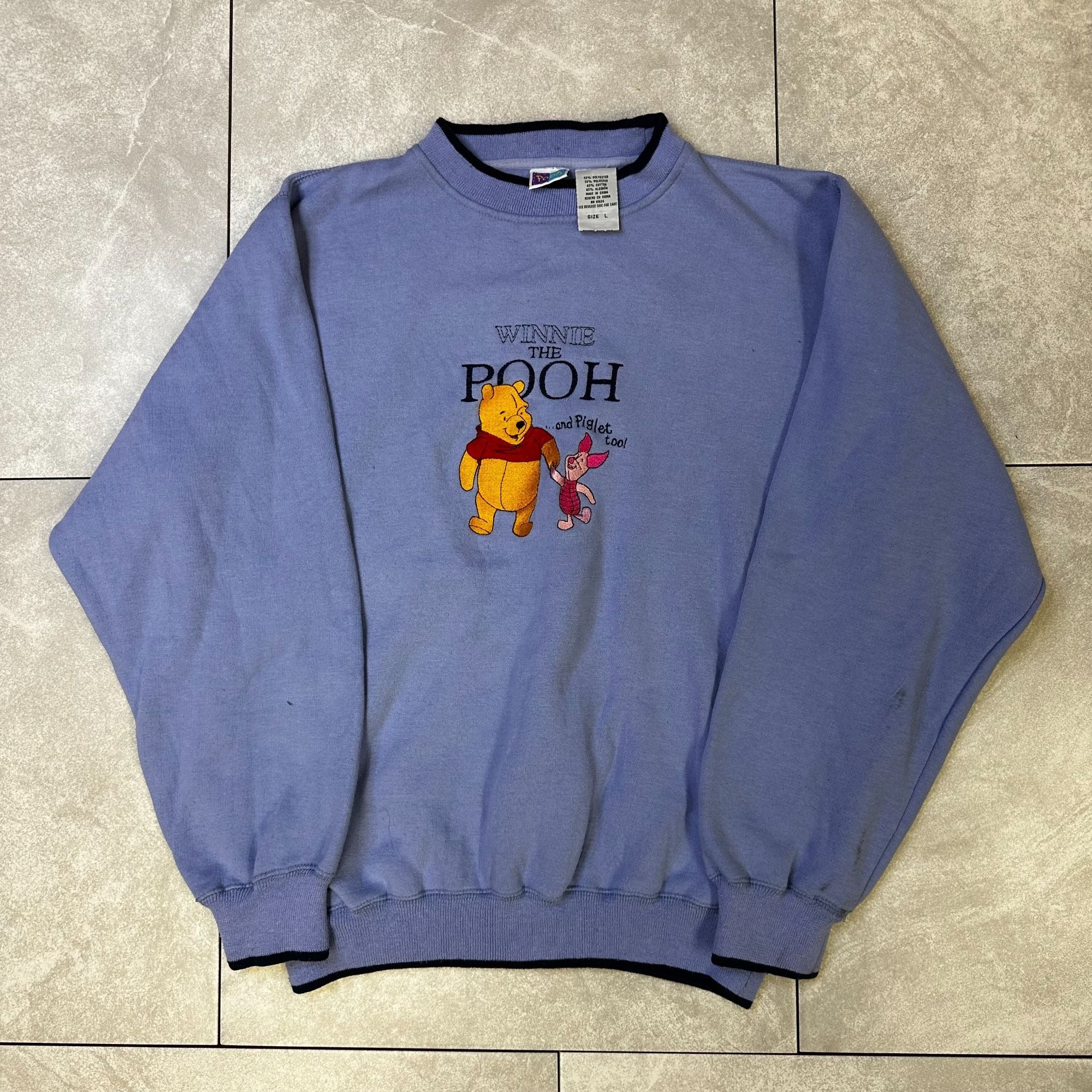 Vintage Winnie The Pooh & Piglet Sweatshirt Blue Pullover Size L 55% Polyester 45% Cotton