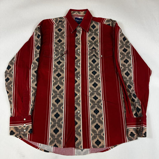 Wrangler Western Red Aztec Stripe Long Sleeve Button-Up Shirt L