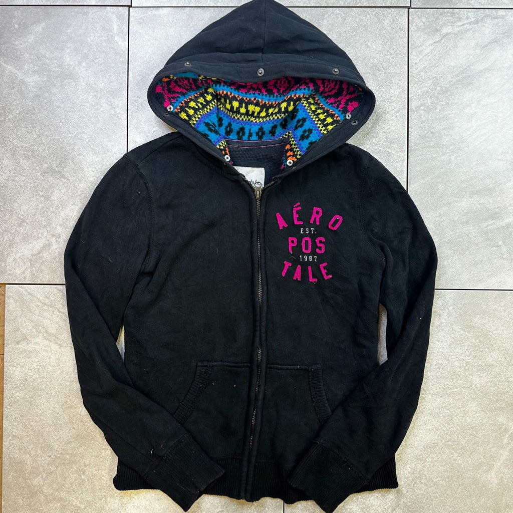 Aeropostale Womens Black Full-Zip Hoodie With Multicolor Patterned Hood M
