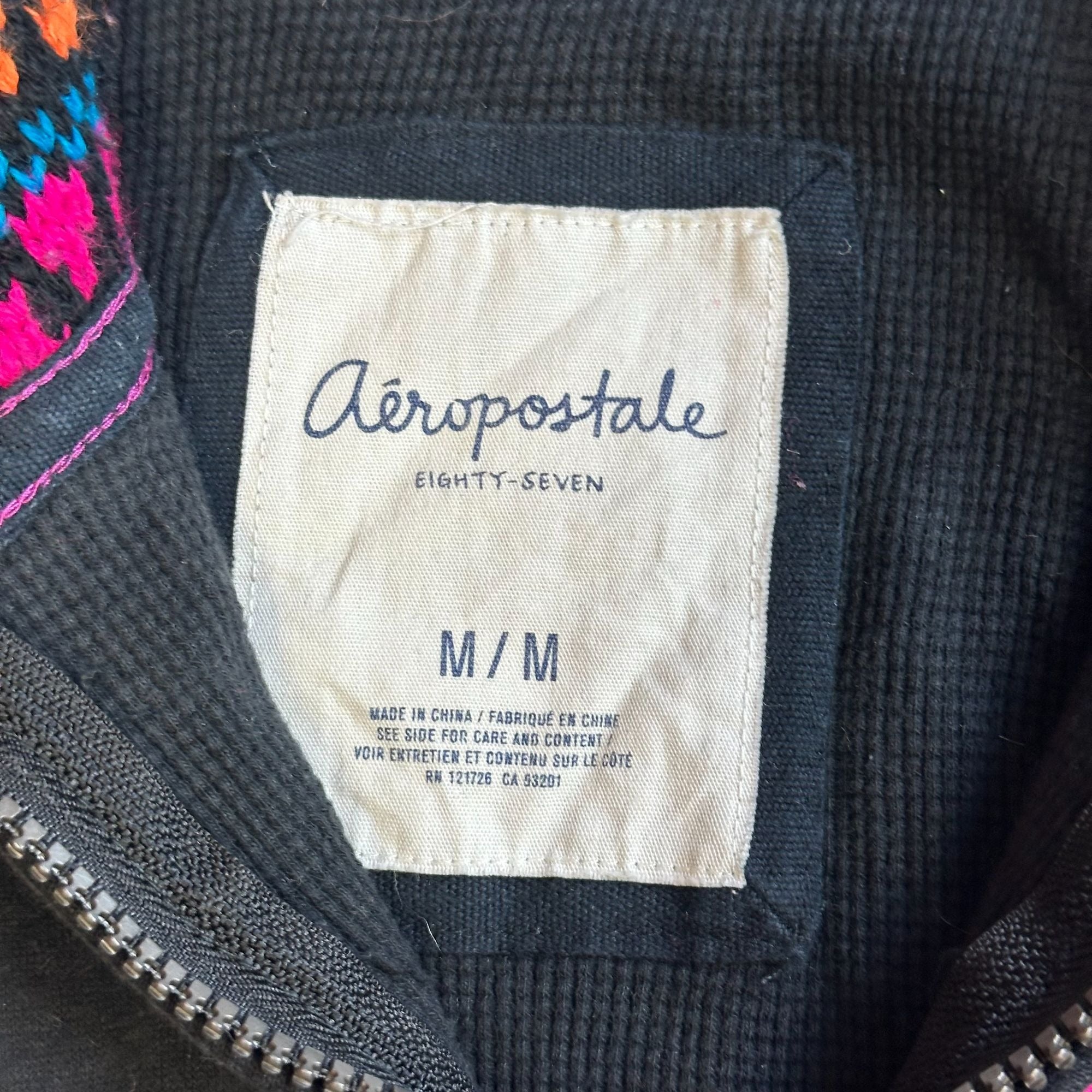 Aeropostale Womens Black Full-Zip Hoodie With Multicolor Patterned Hood M