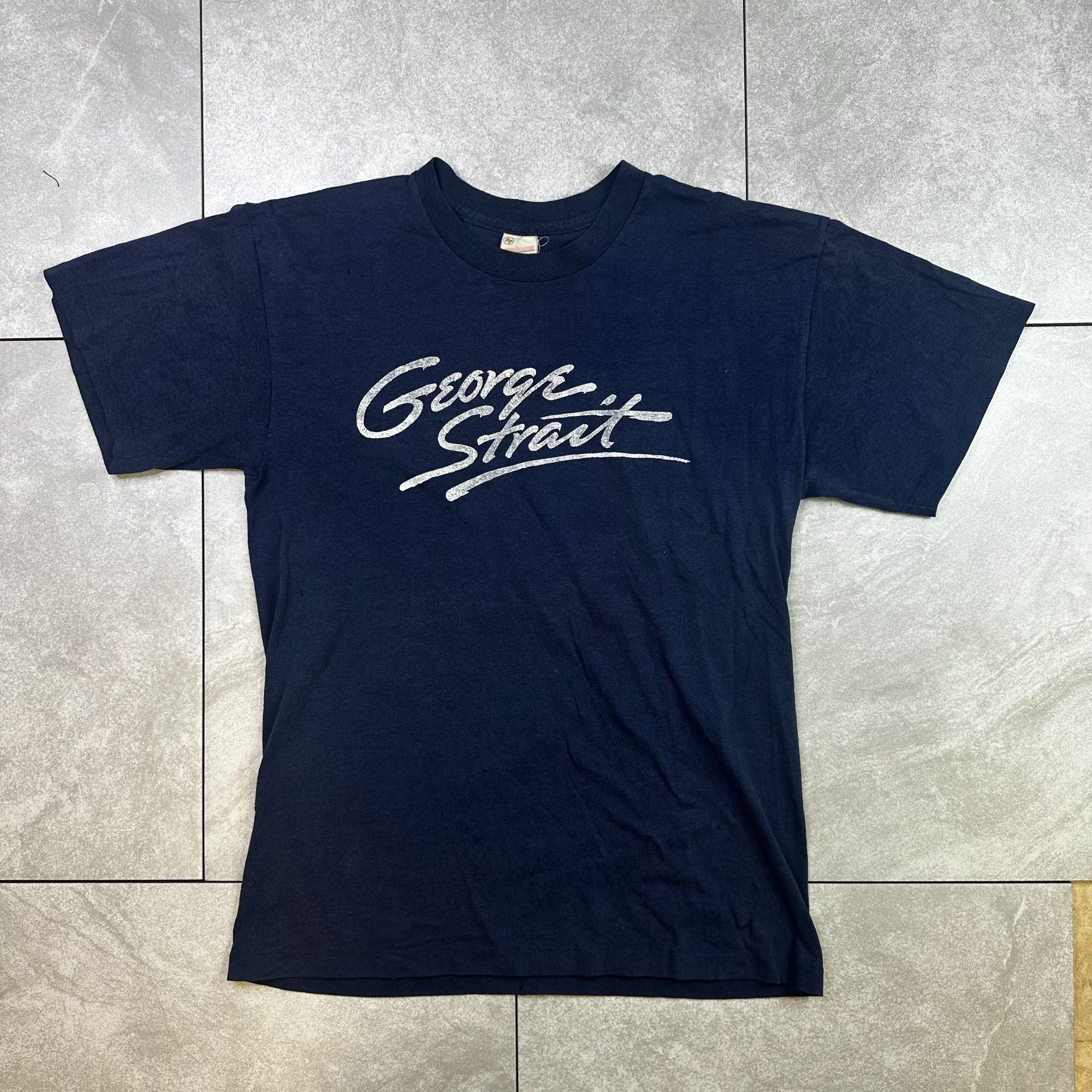 Vintage RP Sportswear George Strait Navy T-Shirt Made In USA 50/50 Cotton Polyester Mens L With Distressing