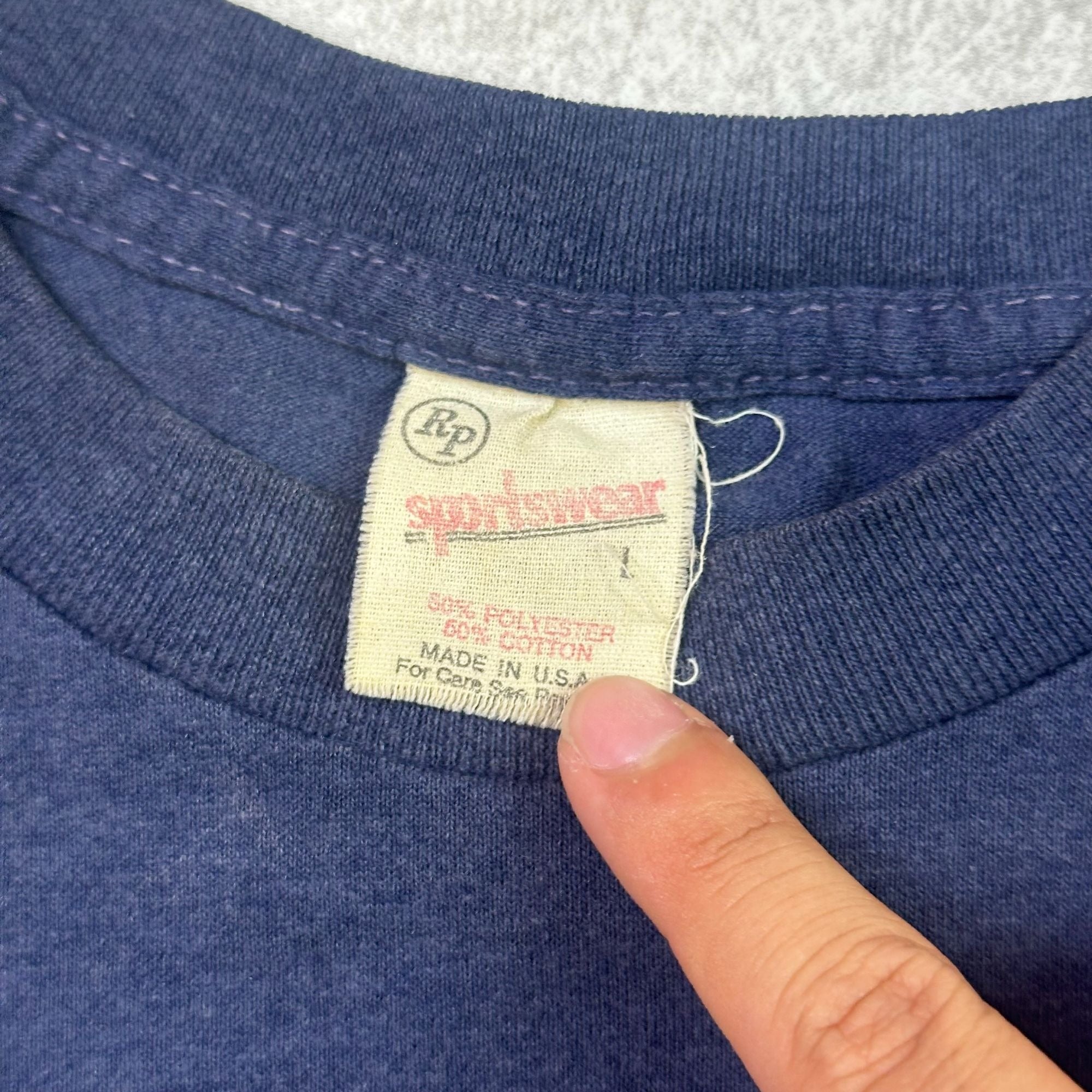 Vintage RP Sportswear George Strait Navy T-Shirt Made In USA 50/50 Cotton Polyester Mens L With Distressing