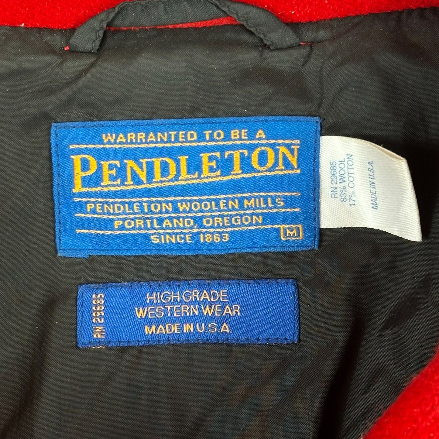 Pendleton Western Wear Red Wool Jacket With Southwestern Stripe Back Design & Full Zip Closure
