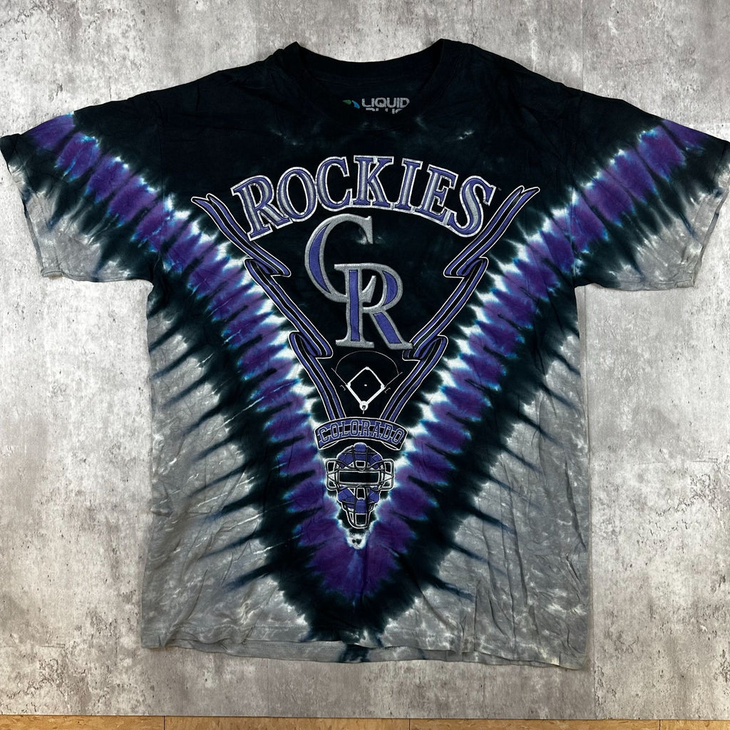 Colorado Rockies Liquid Blue Tie-Dye T-Shirt L 100% Cotton V-Design Front & Back Pre-Shrunk Graphic Tee MLB Licensed