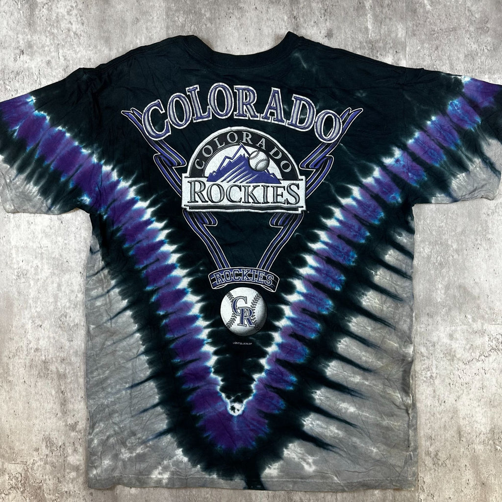 Colorado Rockies Liquid Blue Tie-Dye T-Shirt L 100% Cotton V-Design Front & Back Pre-Shrunk Graphic Tee MLB Licensed