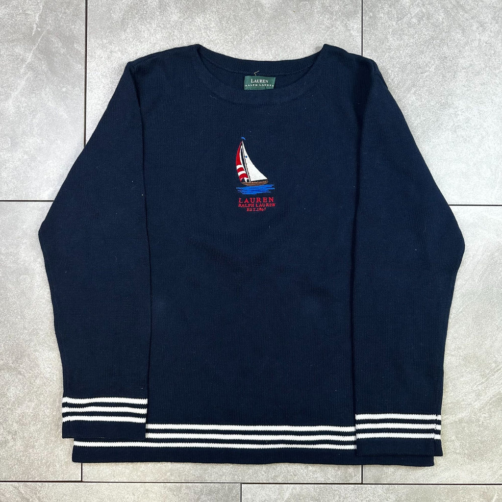Lauren Ralph Lauren Navy Cotton Nautical Style Sweater With Embroidered Sailboat Design & Stripe Accents Size XL