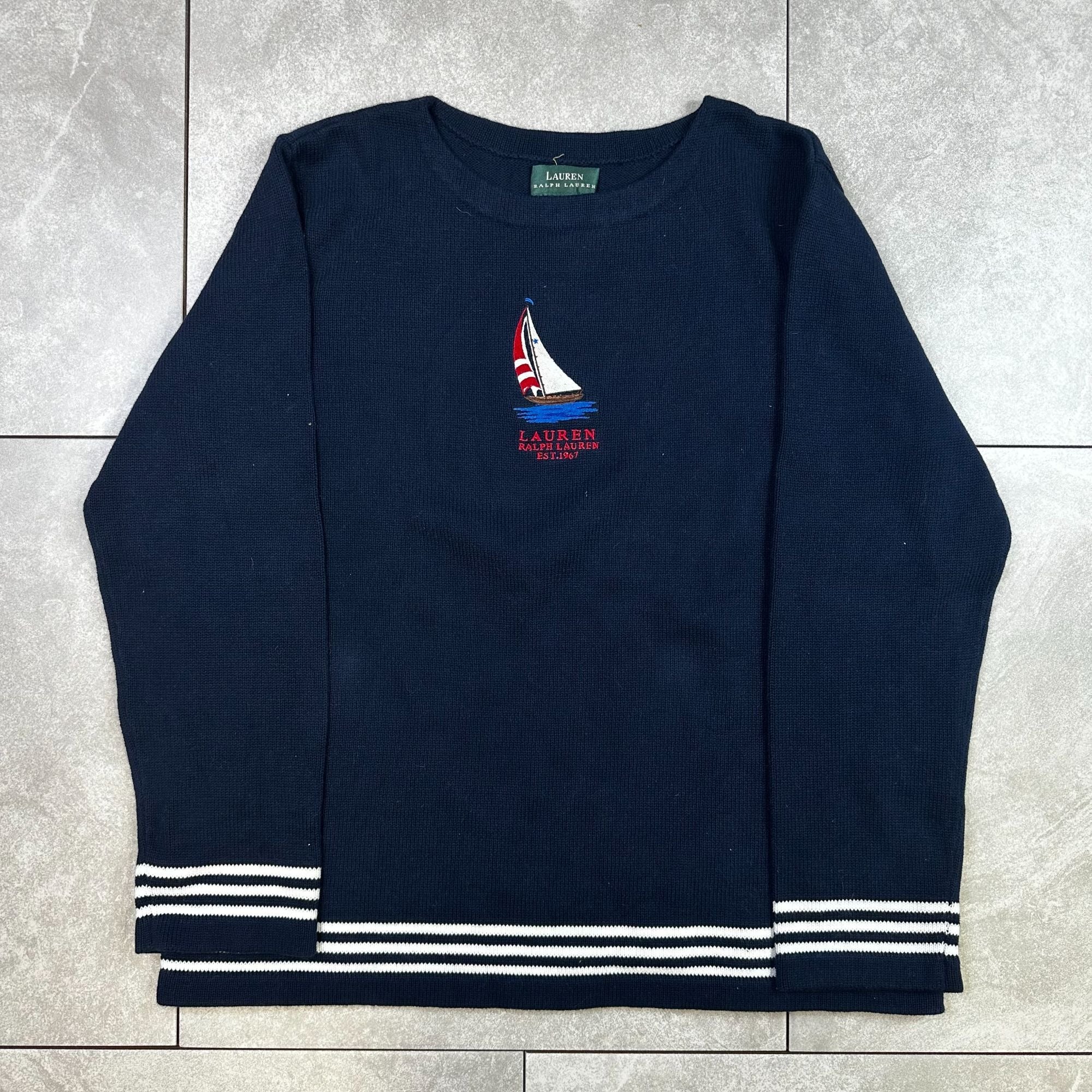 Lauren Ralph Lauren Navy Cotton Nautical Style Sweater With Embroidered Sailboat Design & Stripe Accents Size XL