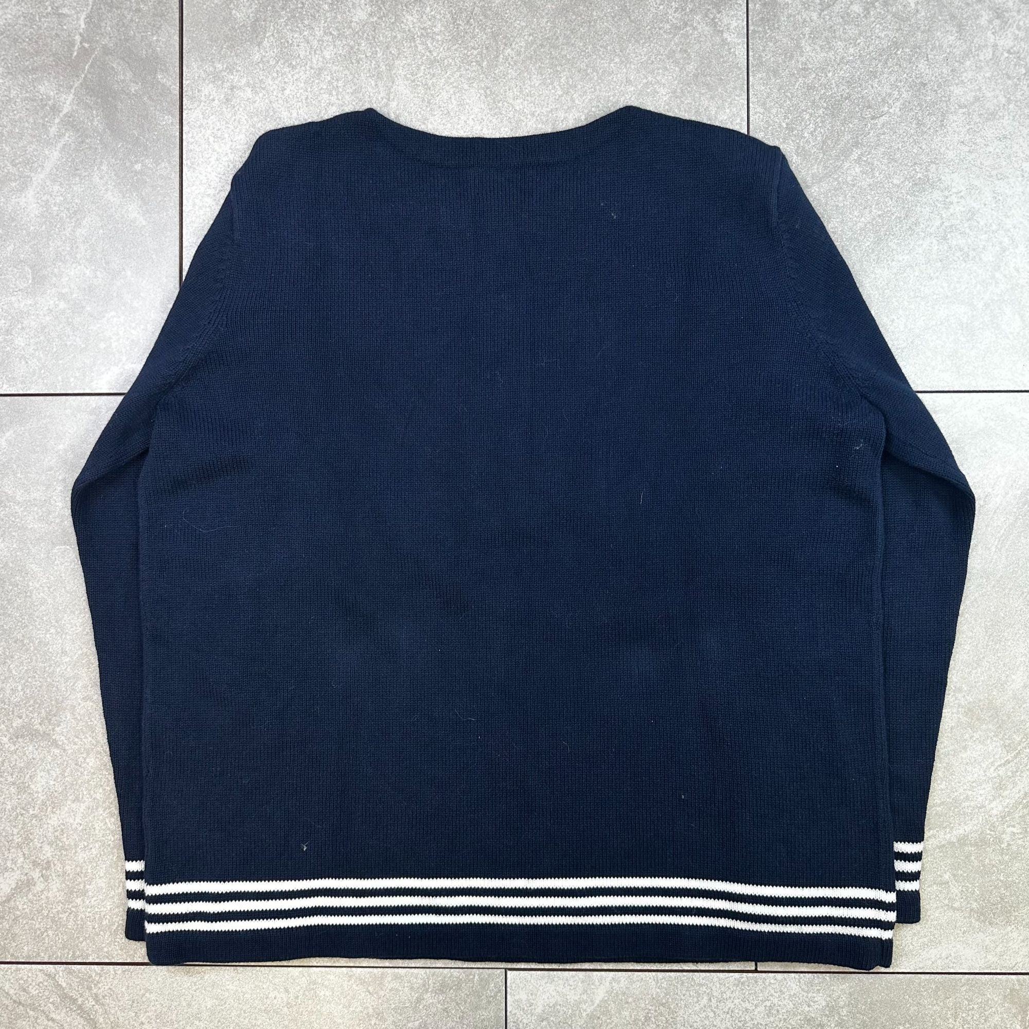 Lauren Ralph Lauren Navy Cotton Nautical Style Sweater With Embroidered Sailboat Design & Stripe Accents Size XL
