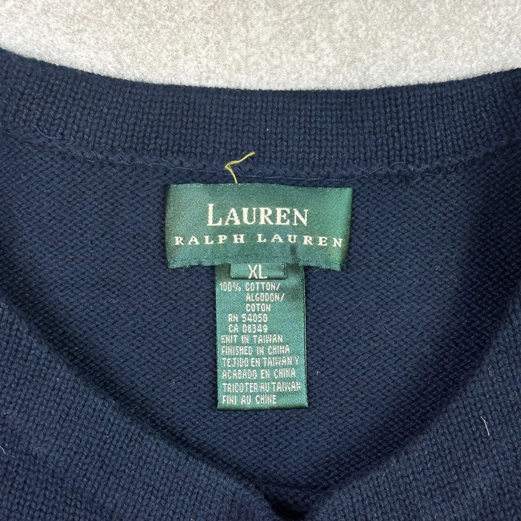 Lauren Ralph Lauren Navy Cotton Nautical Style Sweater With Embroidered Sailboat Design & Stripe Accents Size XL