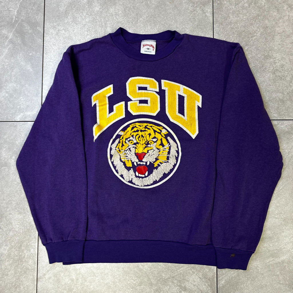 Vintage Nutmeg Mills LSU Tigers Purple Crewneck Sweatshirt M Made In USA Cotton Blend