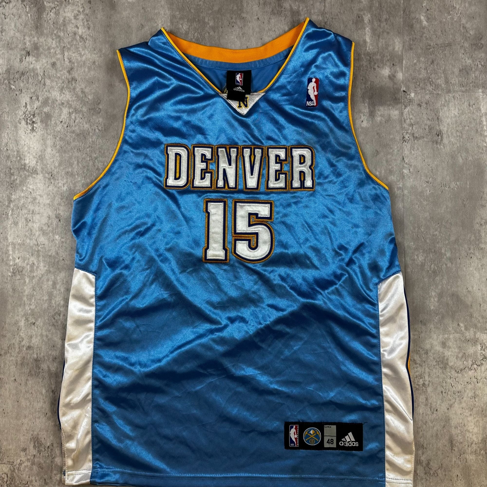 Carmelo Anthony Denver Nuggets NBA Jersey Size 48 By Adidas Blue With Yellow & White Accents Sleeveless Polyester Basketball Top