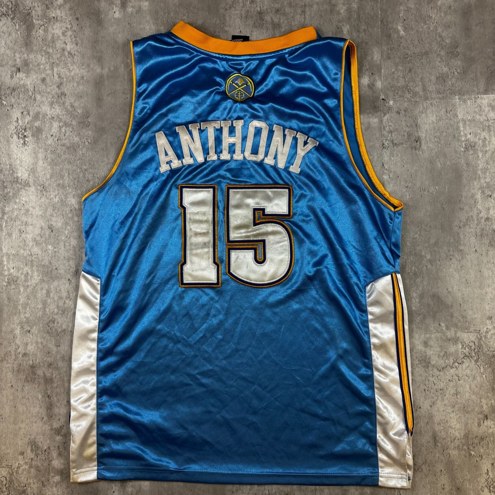 Carmelo Anthony Denver Nuggets NBA Jersey Size 48 By Adidas Blue With Yellow & White Accents Sleeveless Polyester Basketball Top