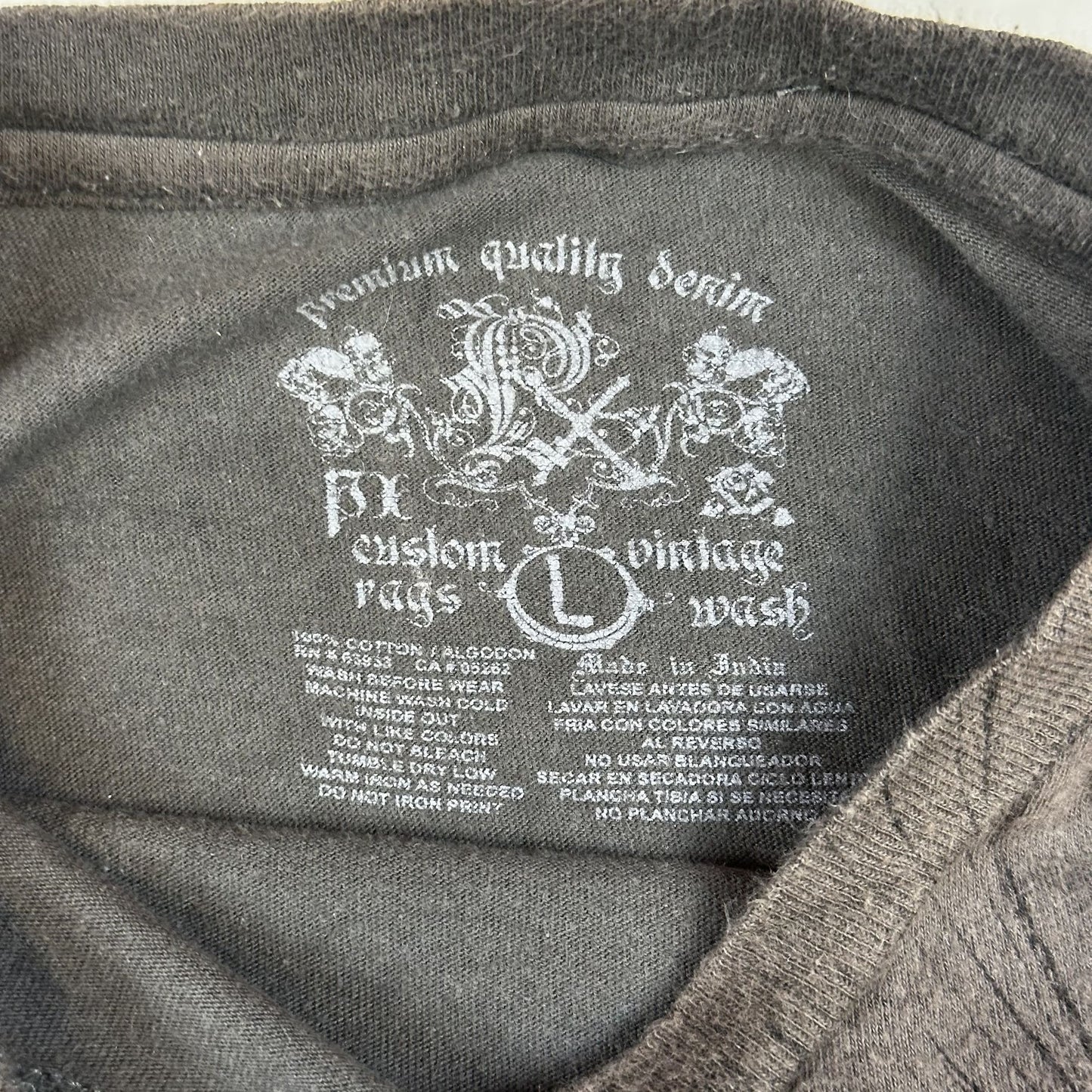 Mens L Premium Quality Black Graphic T-Shirt With Distressed Vintage Wash Design By Custom Rags