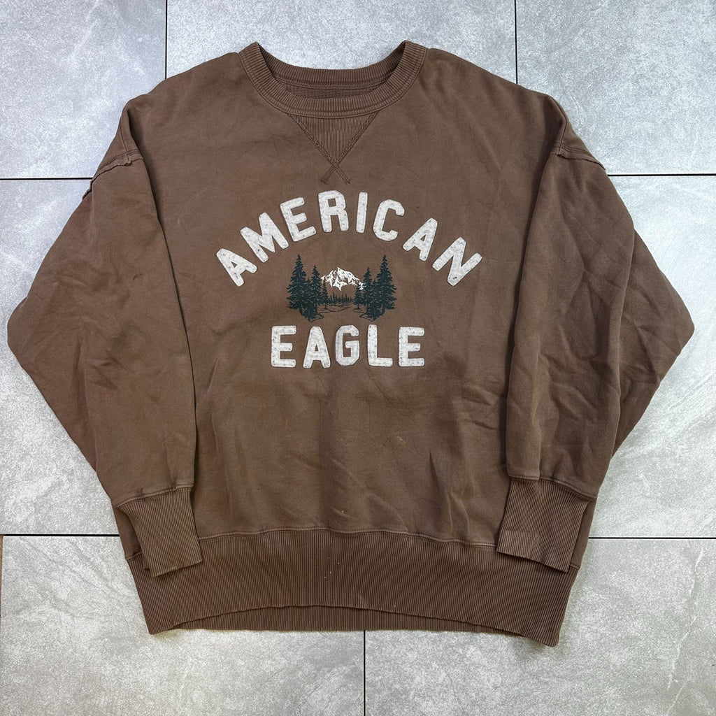 American Eagle Brown Crewneck Sweatshirt M/M Rustic Print Pullover Cotton Blend
